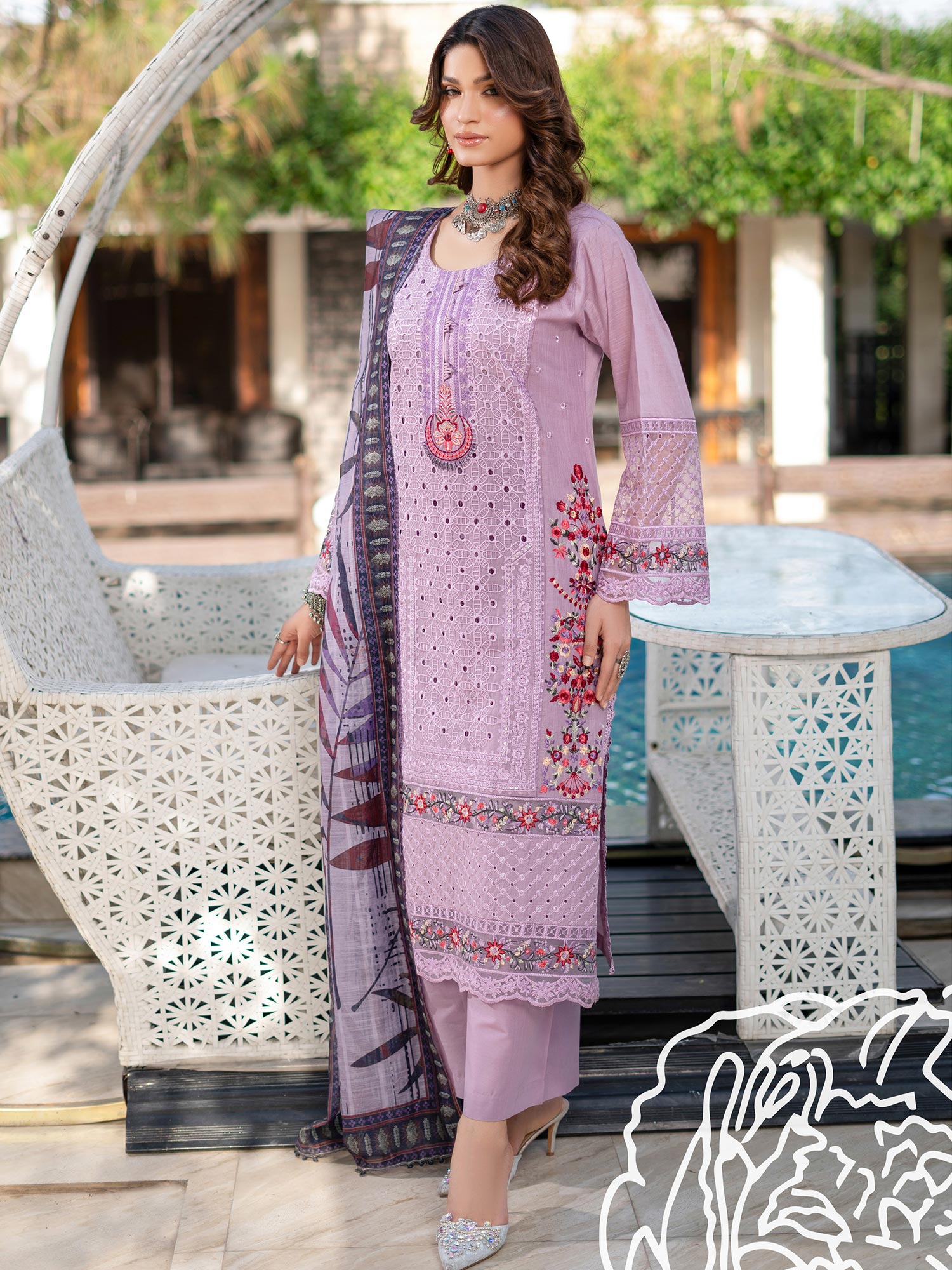 Munira Embroidered Lux Cotton Suit (MSL-01) - Lavender