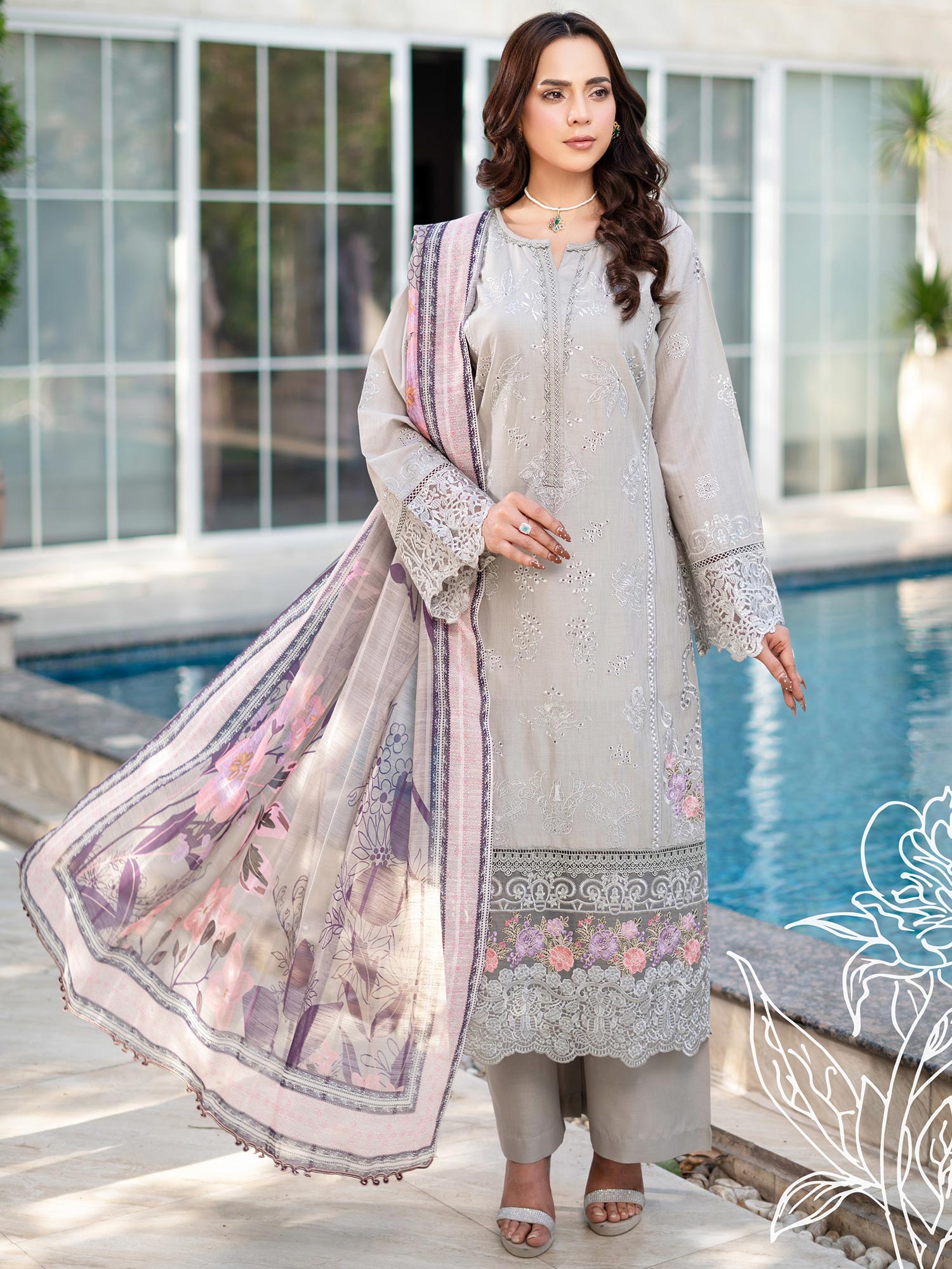Munira Embroidered Lux Cotton Suit (MSL-02) - Grey