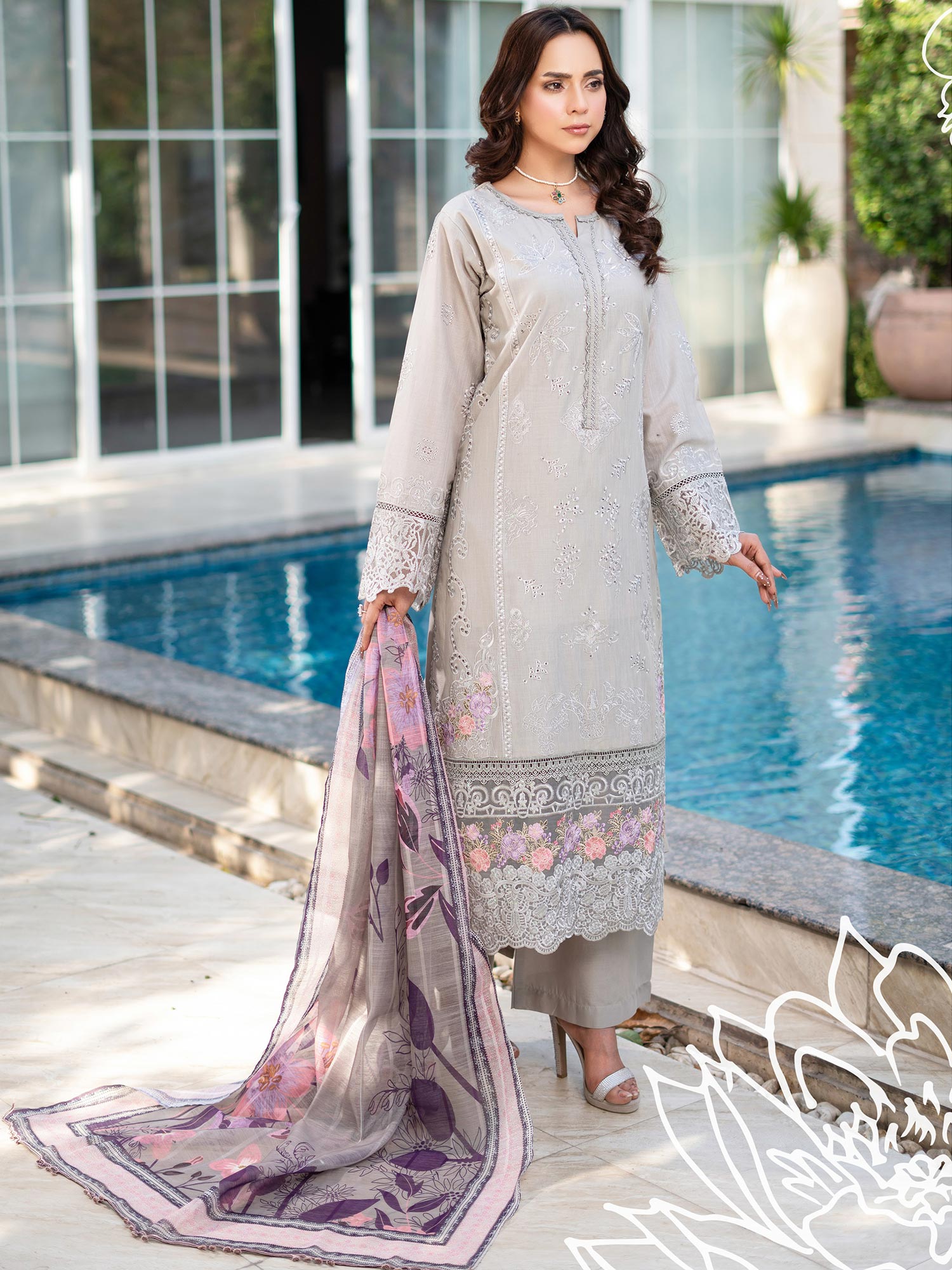 Munira Embroidered Lux Cotton Suit (MSL-02) - Grey