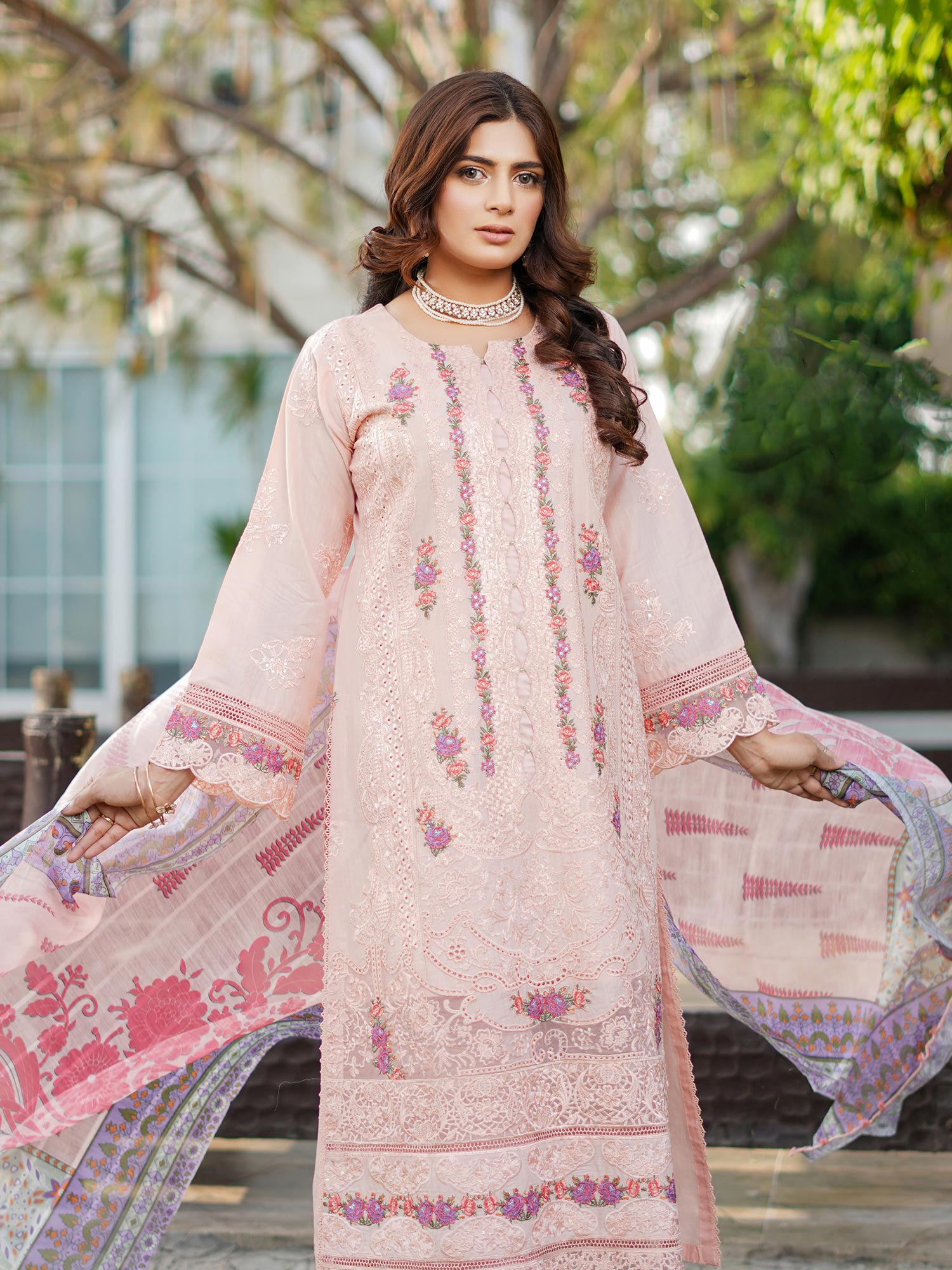 Munira Embroidered Lux Cotton Suit (MSL-03) - Peach