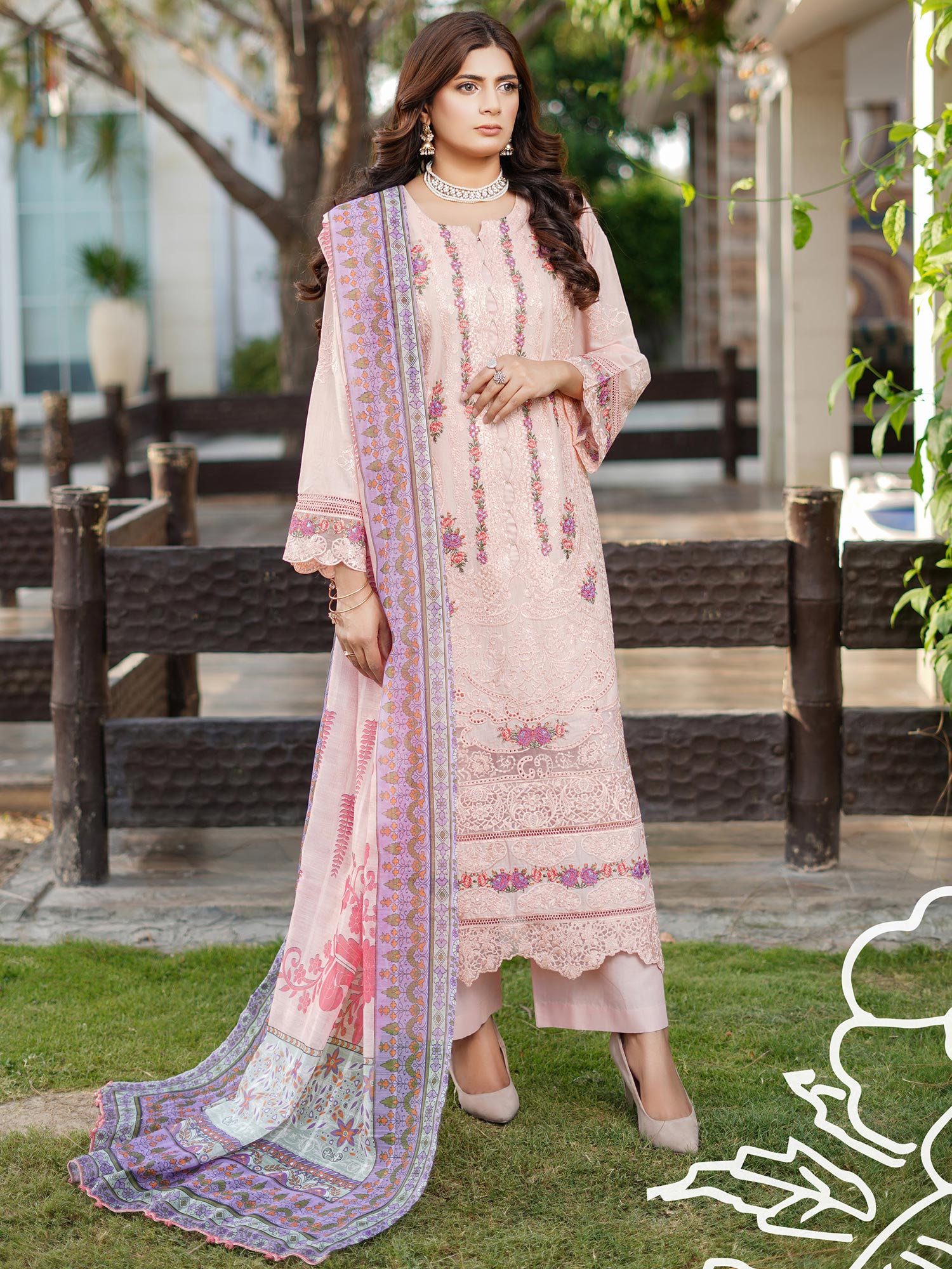 Munira Embroidered Lux Cotton Suit (MSL-03) - Peach