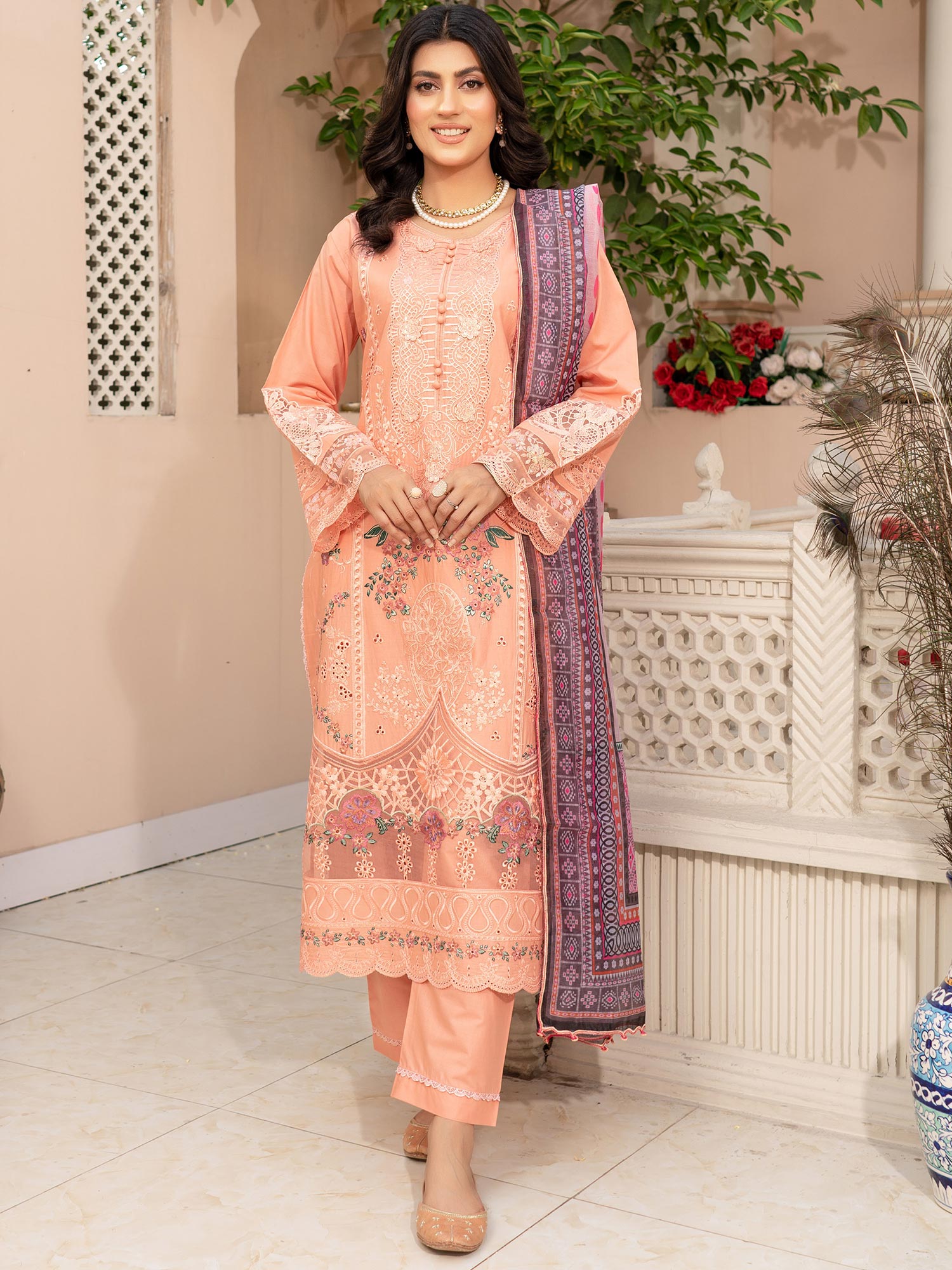 Munira Embroidered Lawn Suit (MSL-03) - Peach