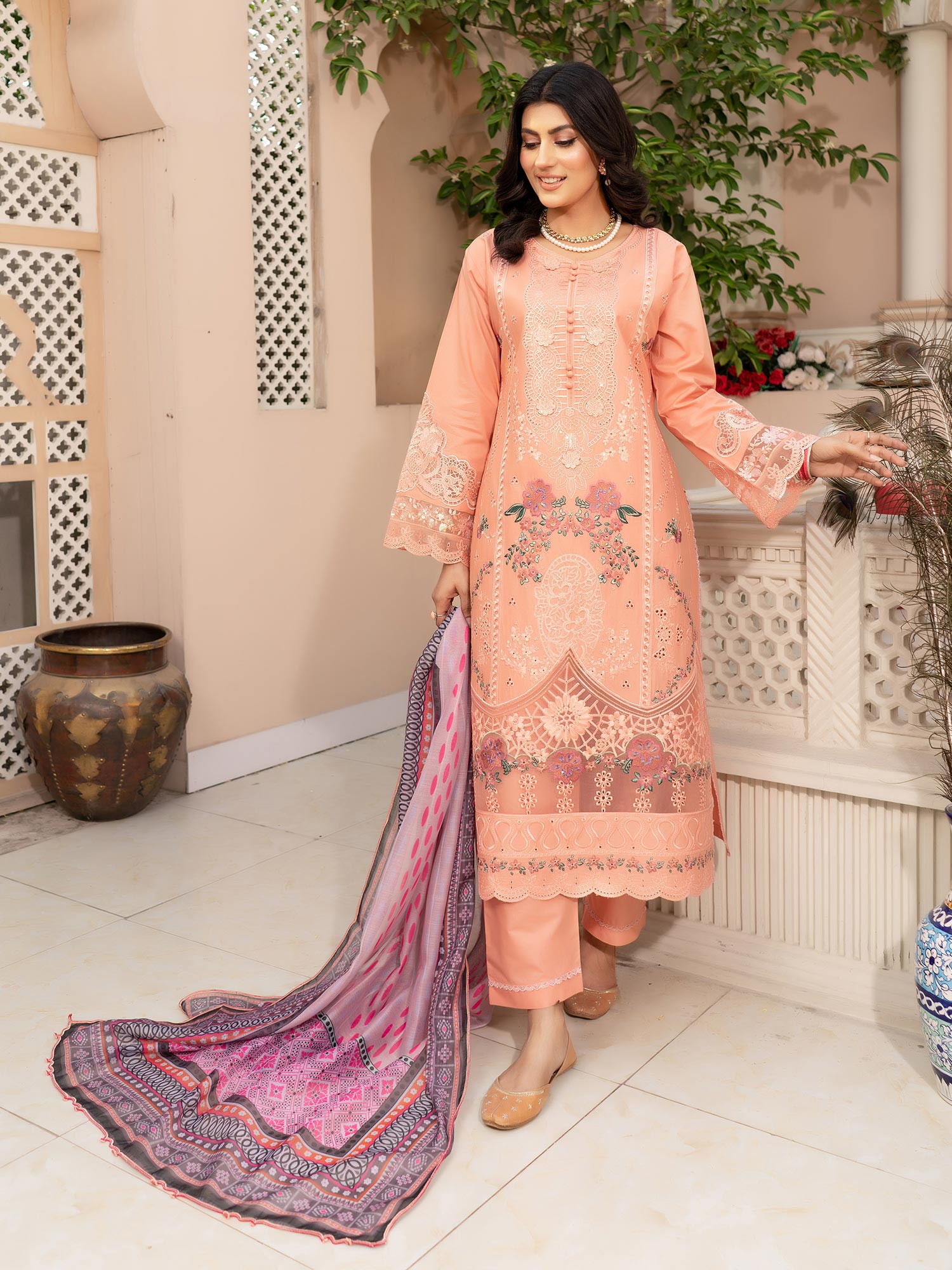 Munira Embroidered Lawn Suit (MSL-03) - Peach