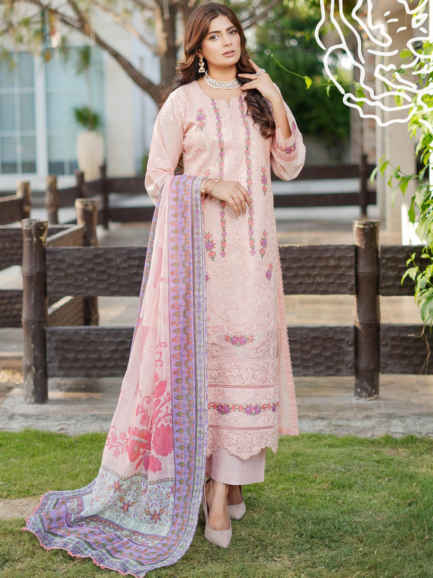 Munira Embroidered Lux Cotton Suit (MSL-03) - Peach