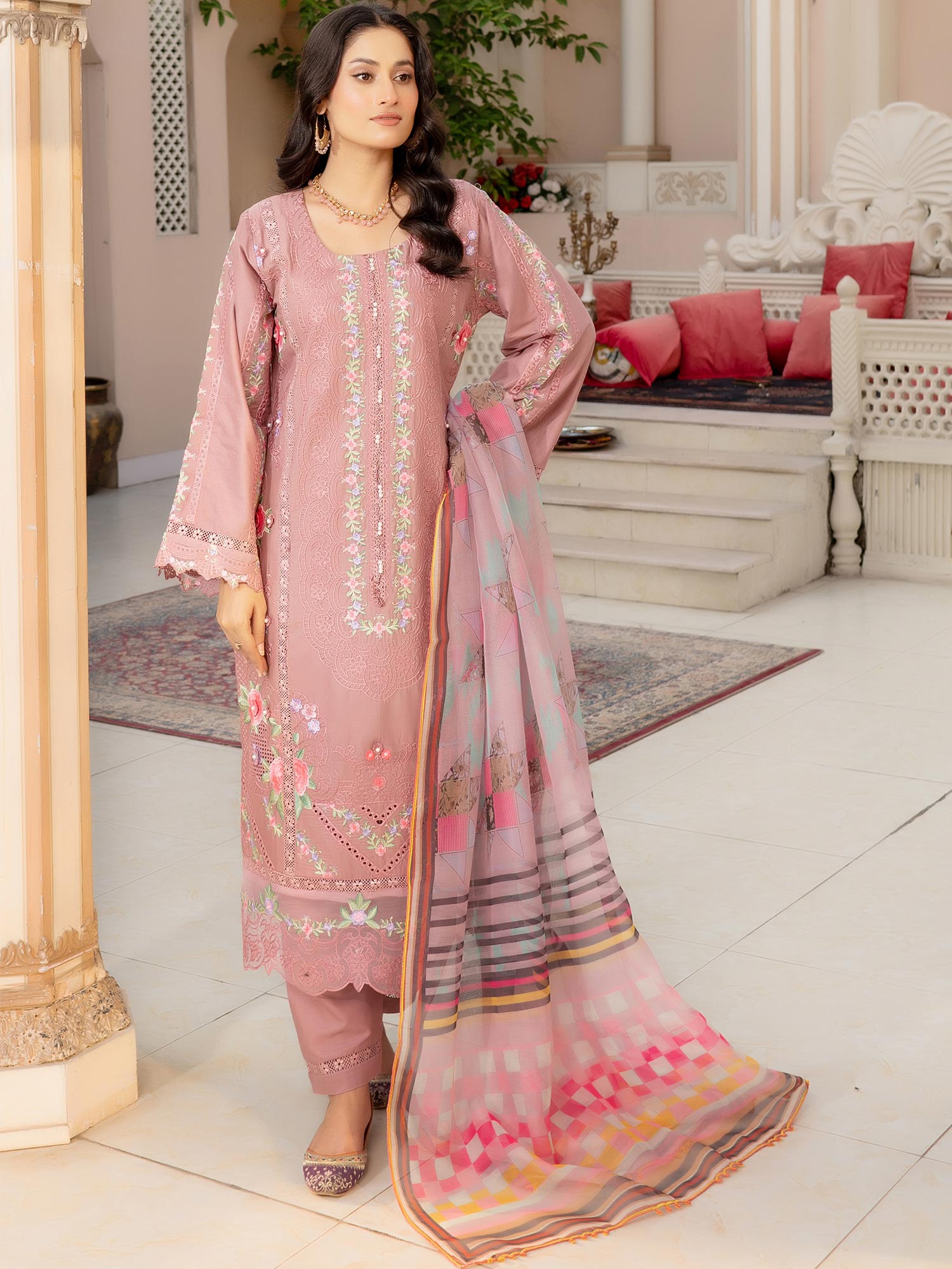 Munira Embroidered Lawn Suit (MSL-04) - Dusky Pink
