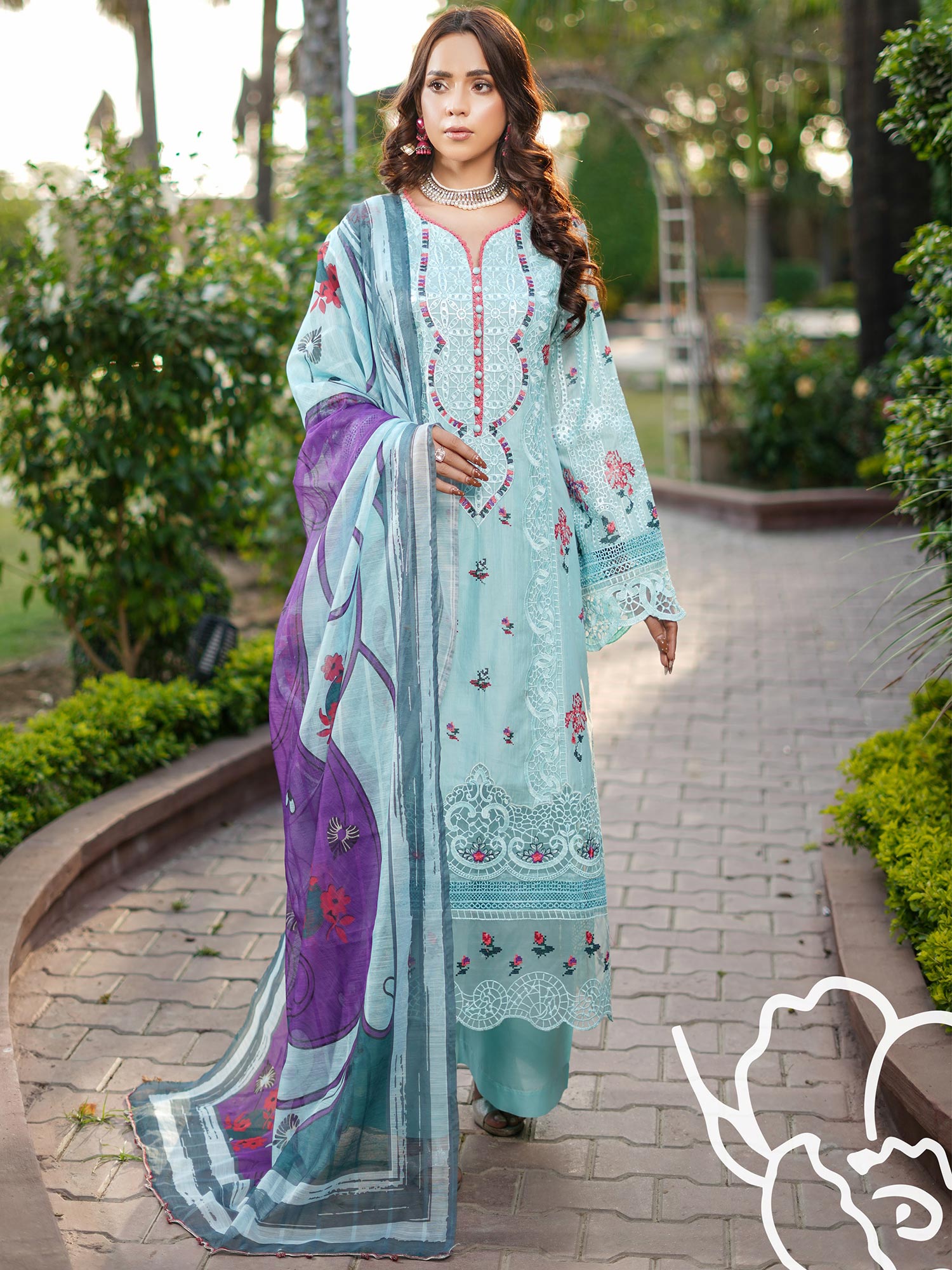 Munira Embroidered Lux Cotton Suit (MSL-04) - Turquoise