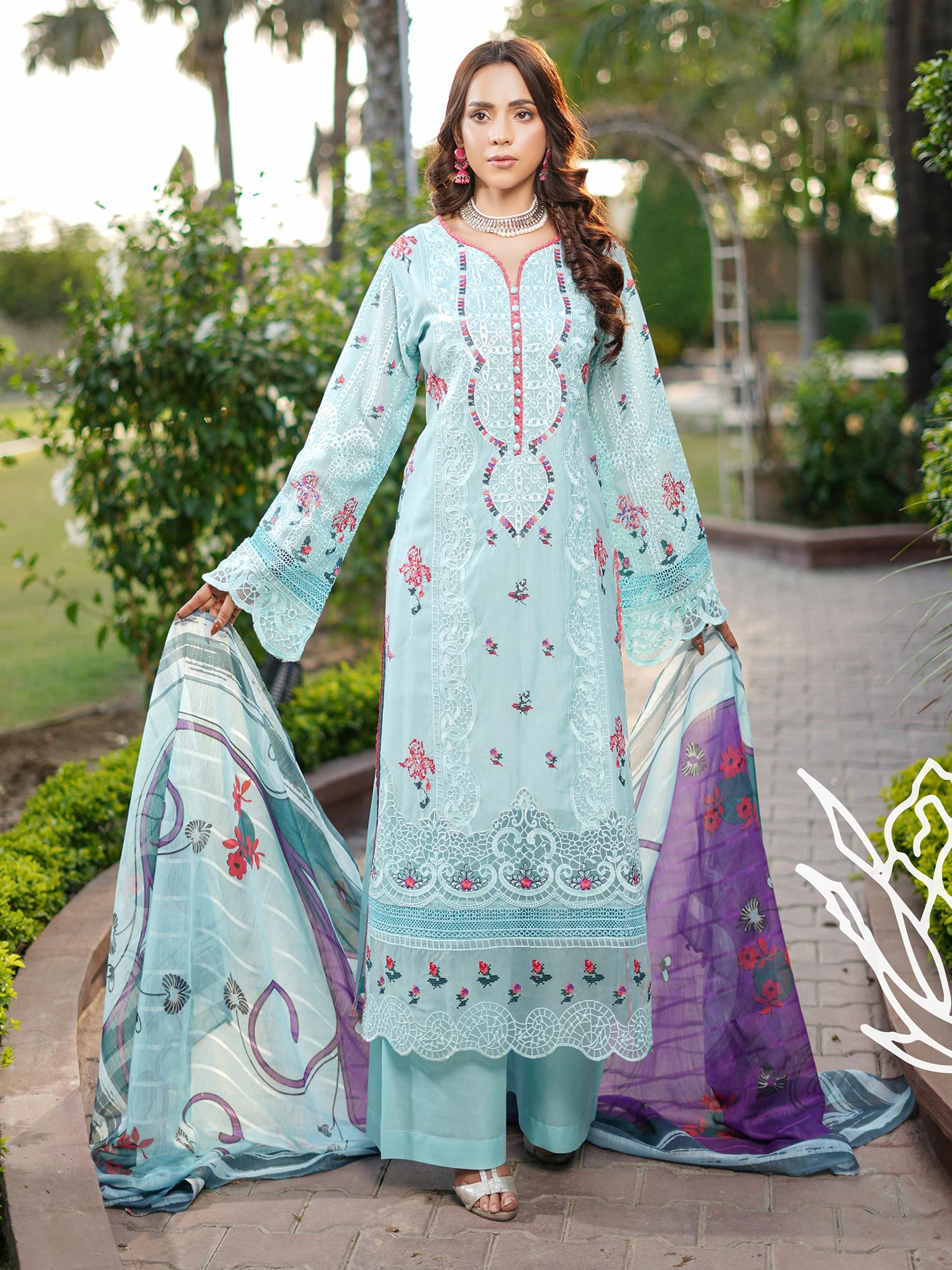 Munira Embroidered Lux Cotton Suit (MSL-04) - Turquoise
