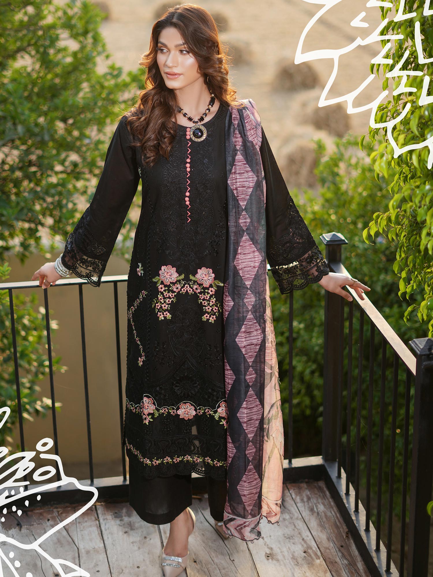 Munira Embroidered Lux Cotton Suit (MSL-05) - Black