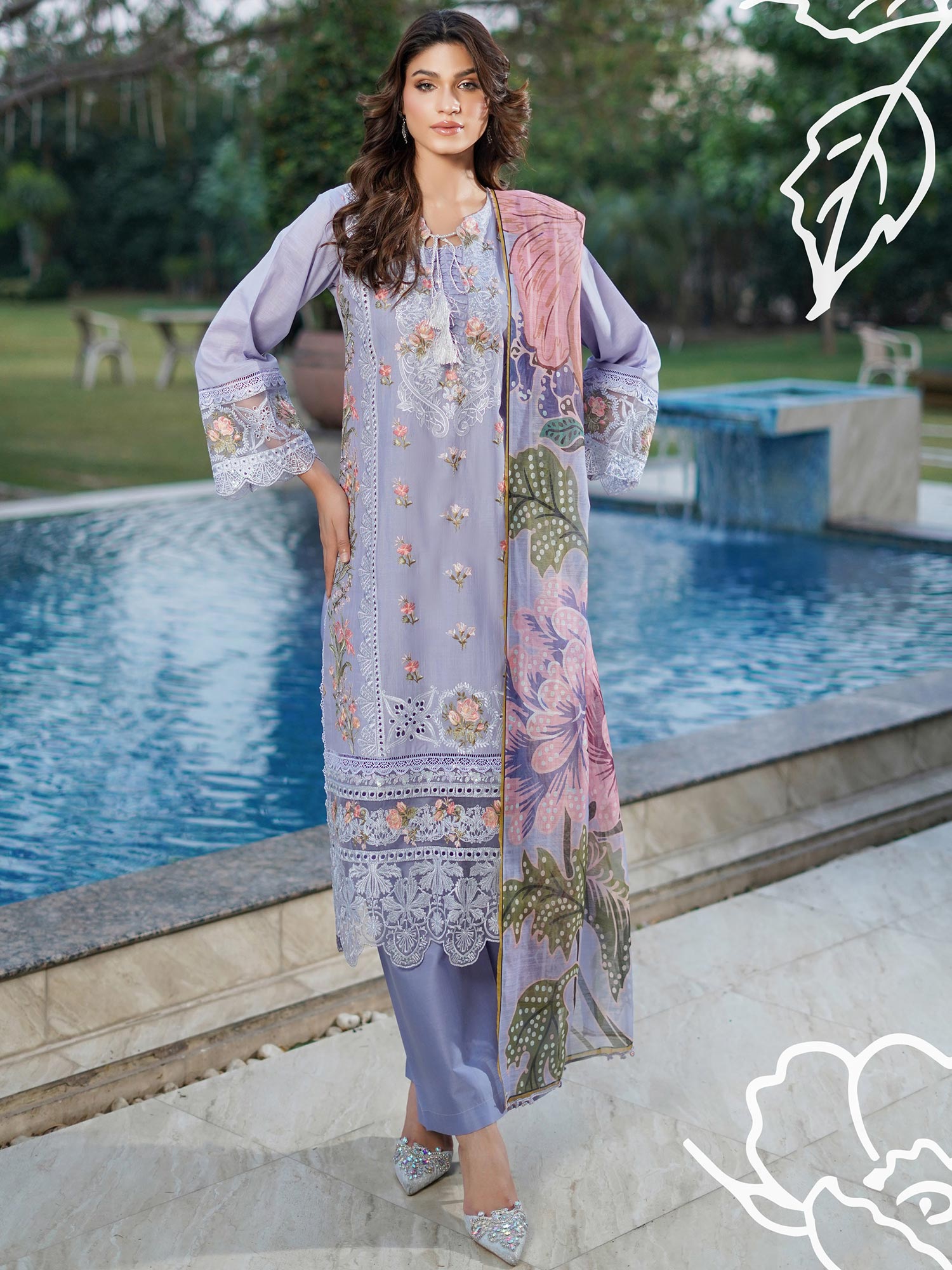 Munira Embroidered Lux Cotton Suit (MSL-07) - Periwinkle Blue