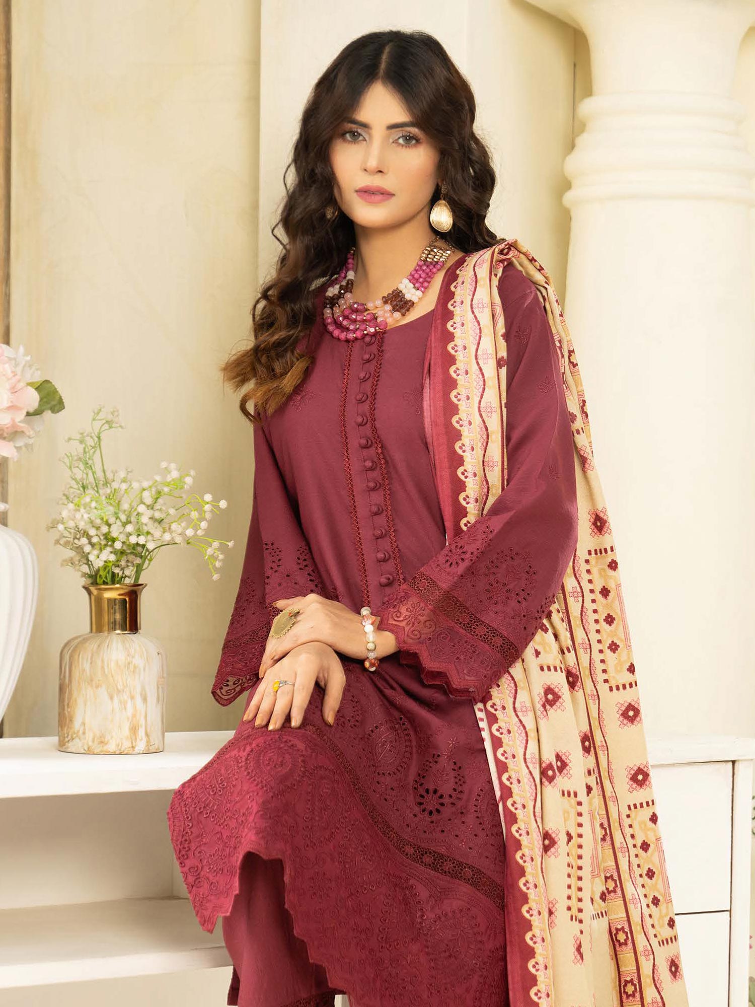 Munira Maroon Dhanak Schiffli Suit with Wool Shawl (MSL-04)