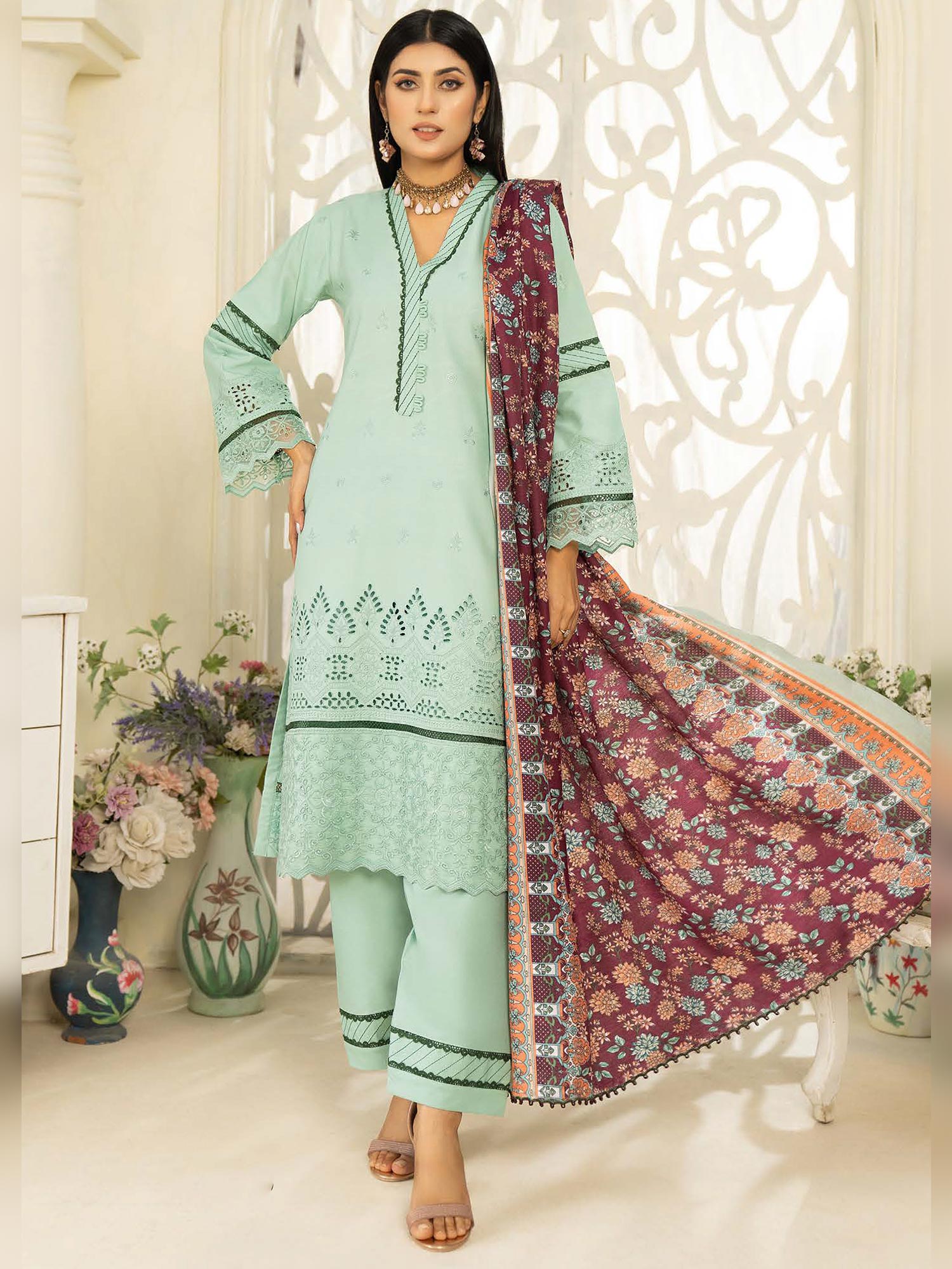 Munira Mint Dhanak Schiffli Suit with Wool Shawl (MSL-05)