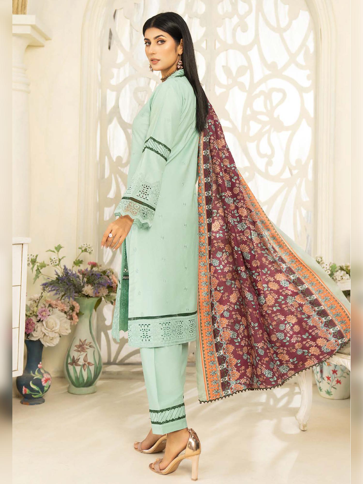 Munira Mint Dhanak Schiffli Suit with Wool Shawl (MSL-05)