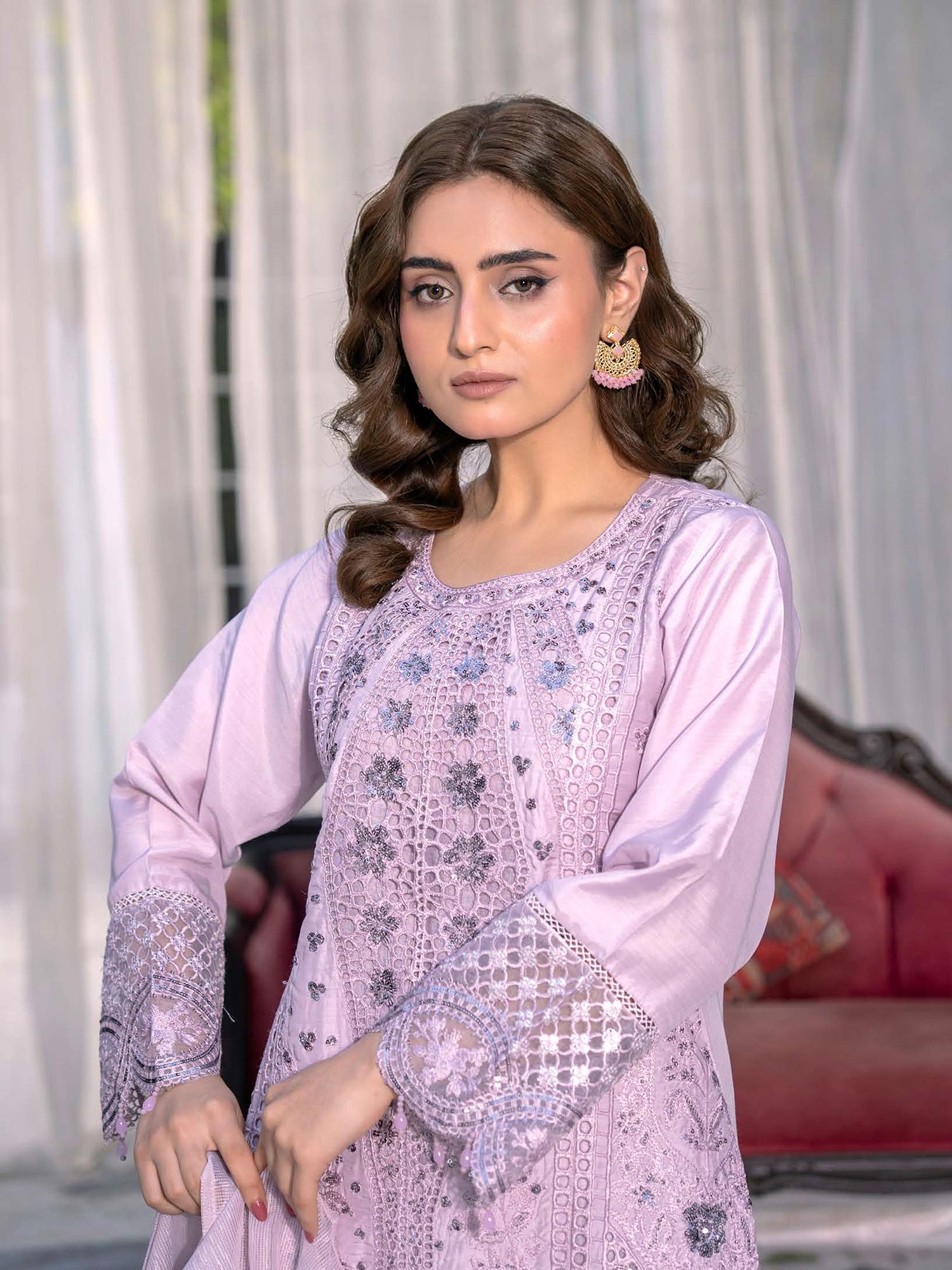 Linen Embroidered Chikankari 3pc Suit - Lilac