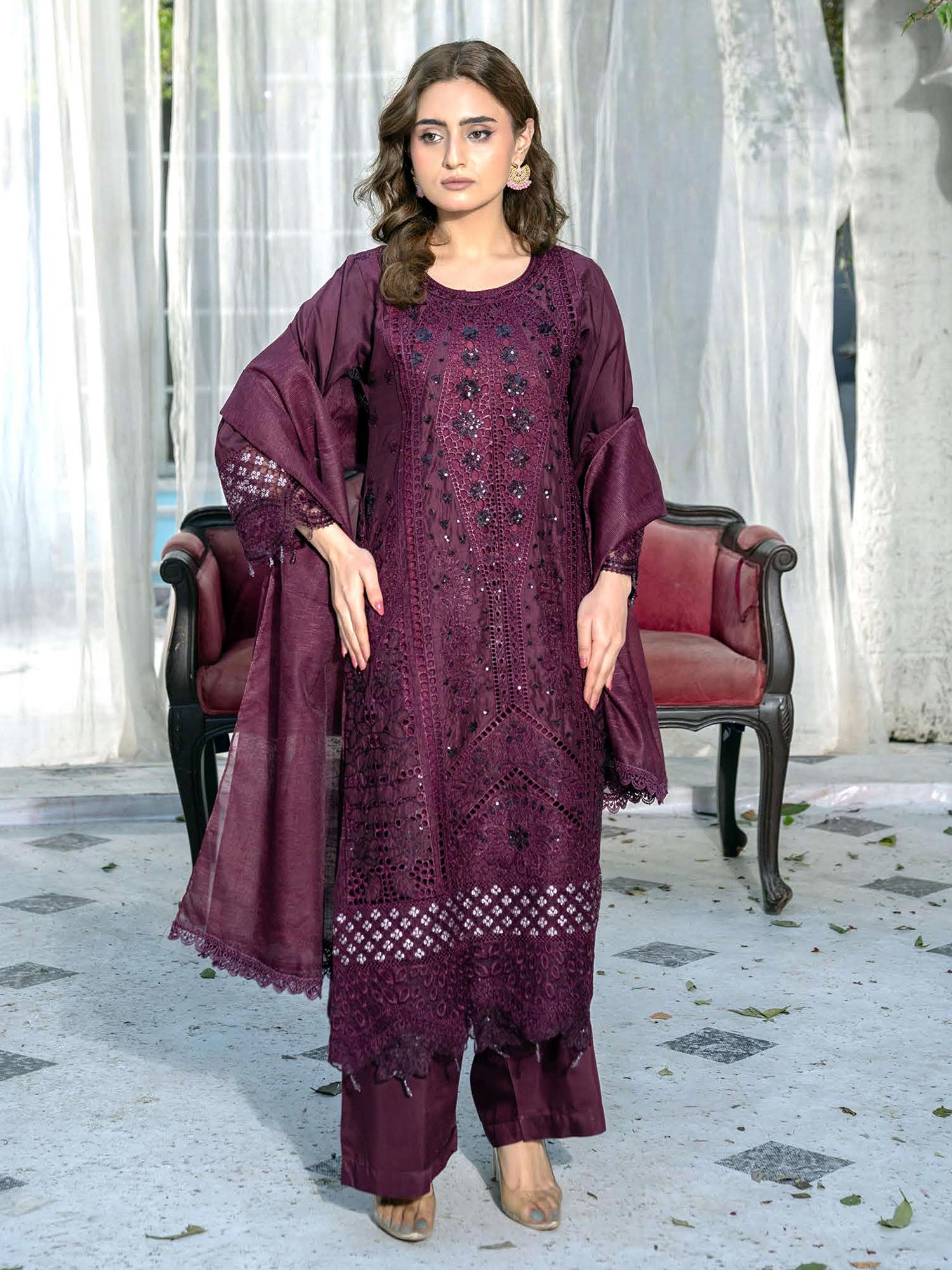 Linen Embroidered Chikankari 3pc Suit - Burgundy