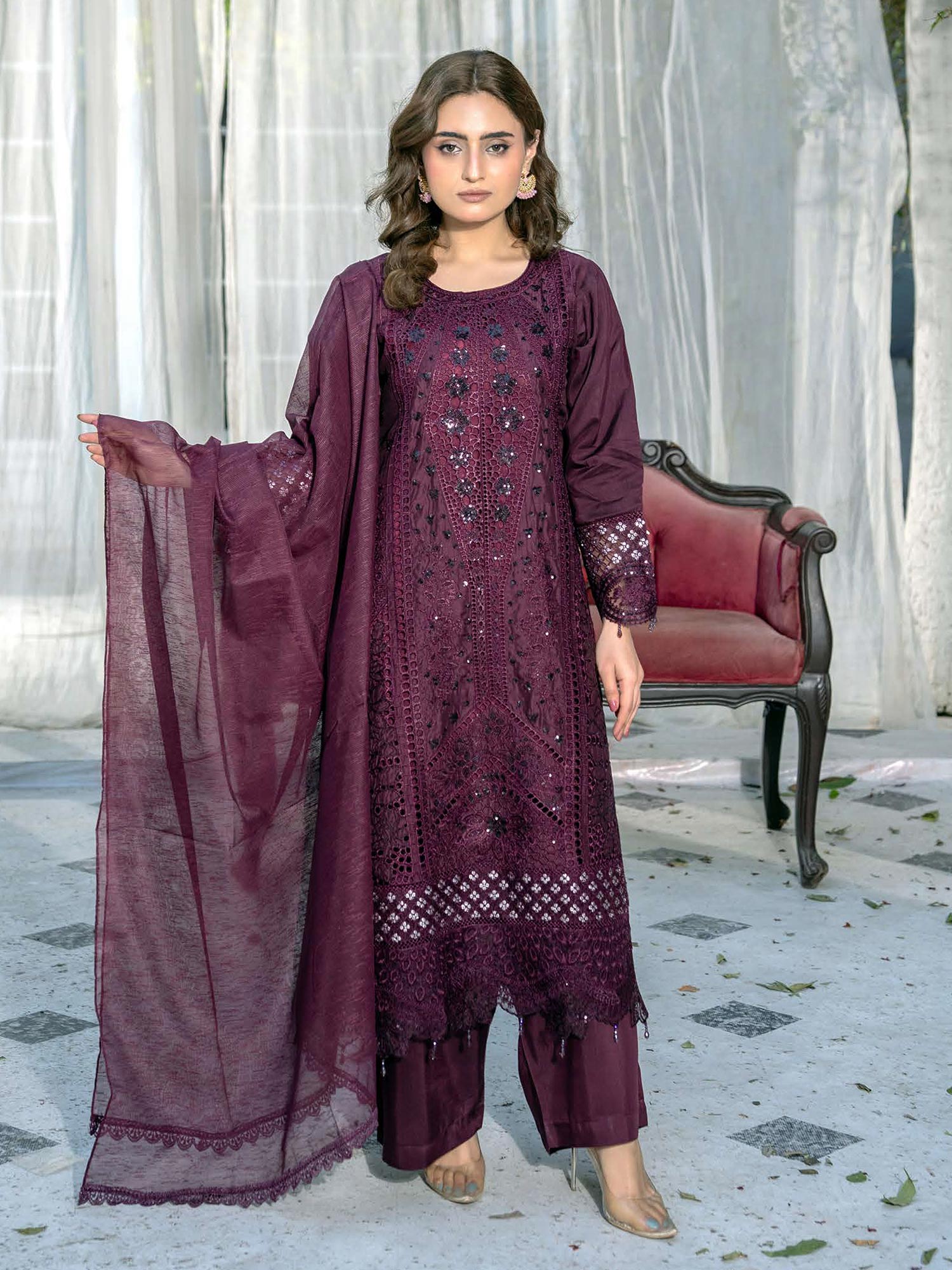 Linen Embroidered Chikankari 3pc Suit - Burgundy