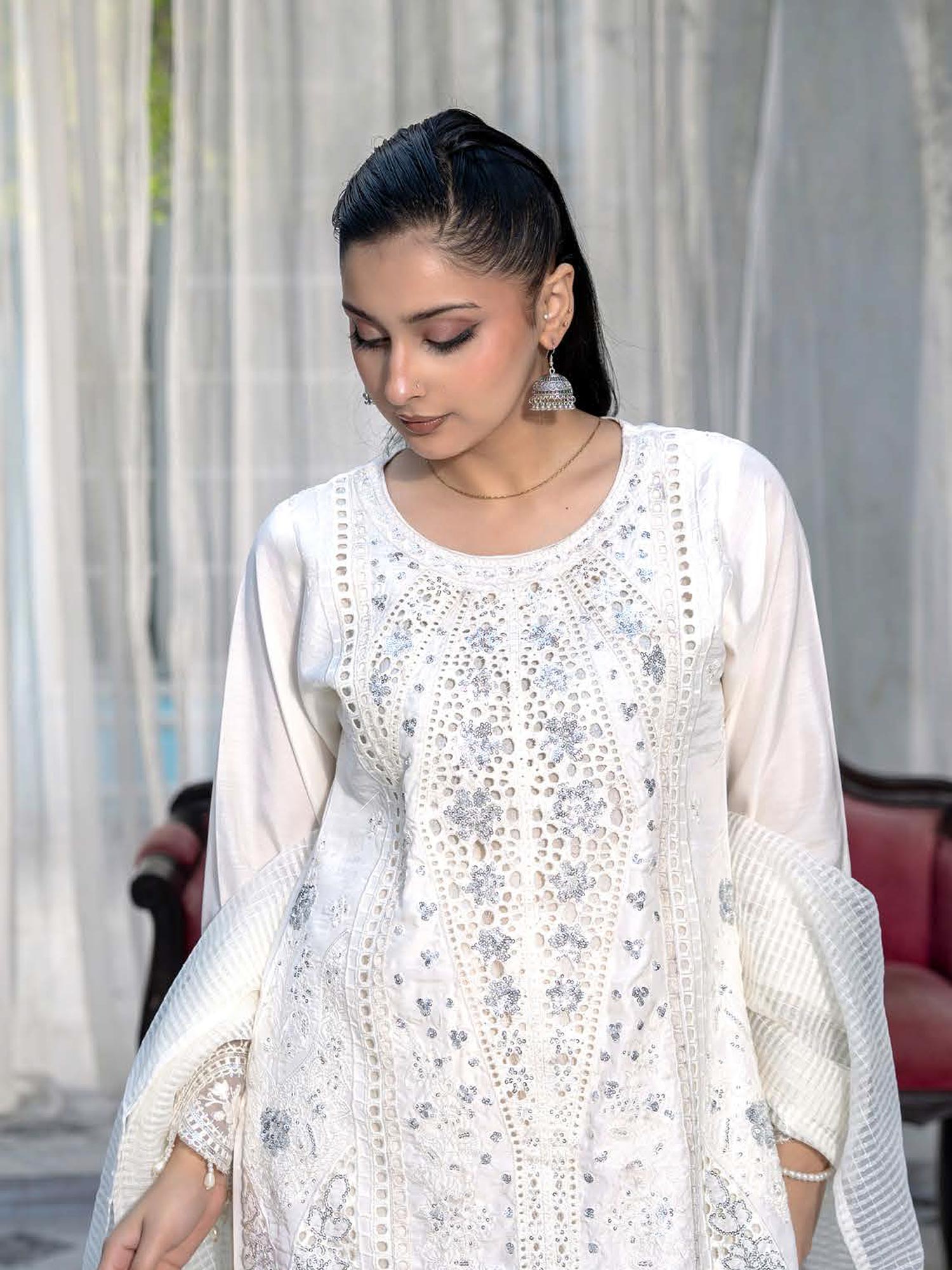 Linen Embroidered Chikankari 3pc Suit - Off-White