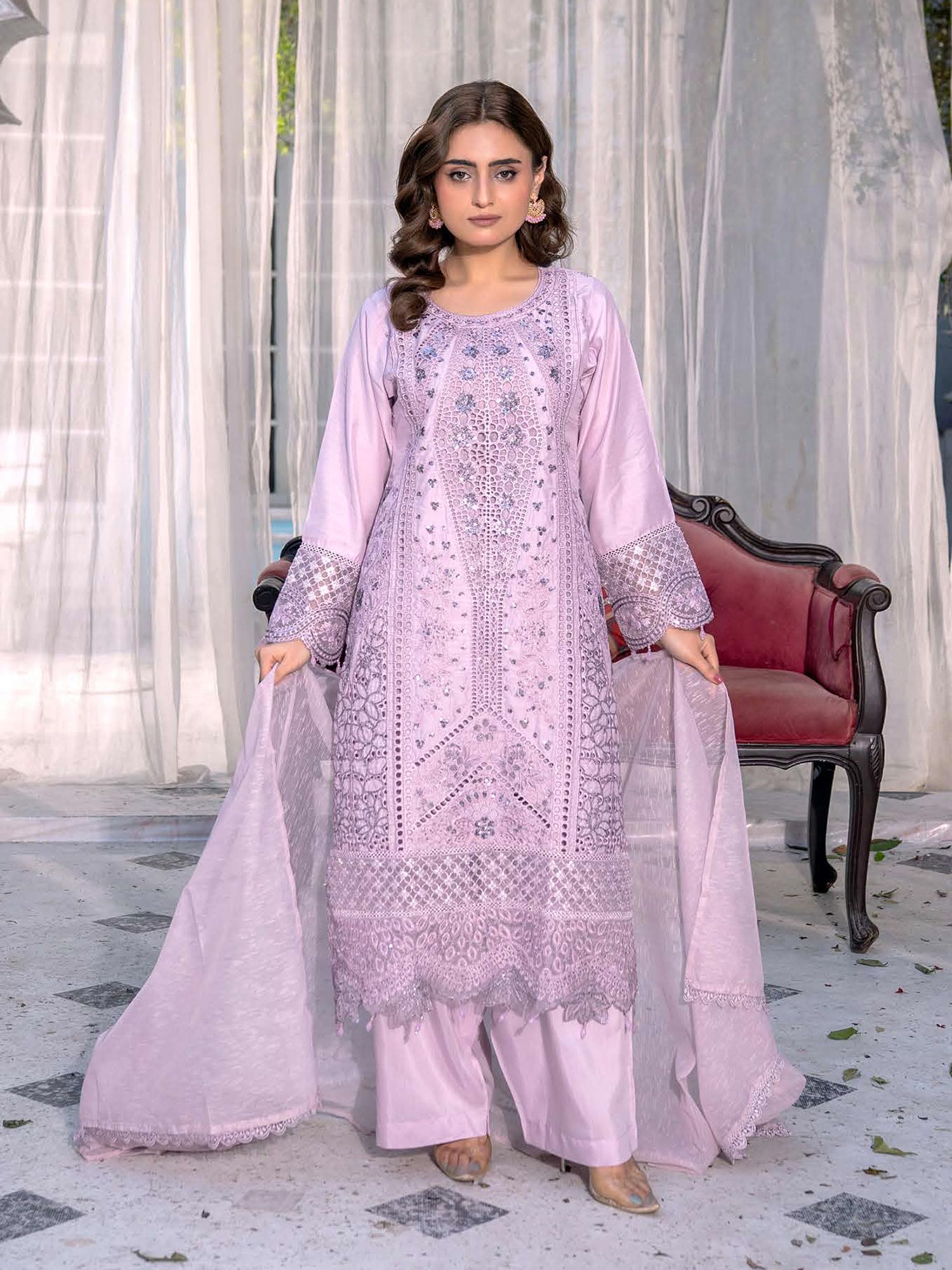 Linen Embroidered Chikankari 3pc Suit - Lilac