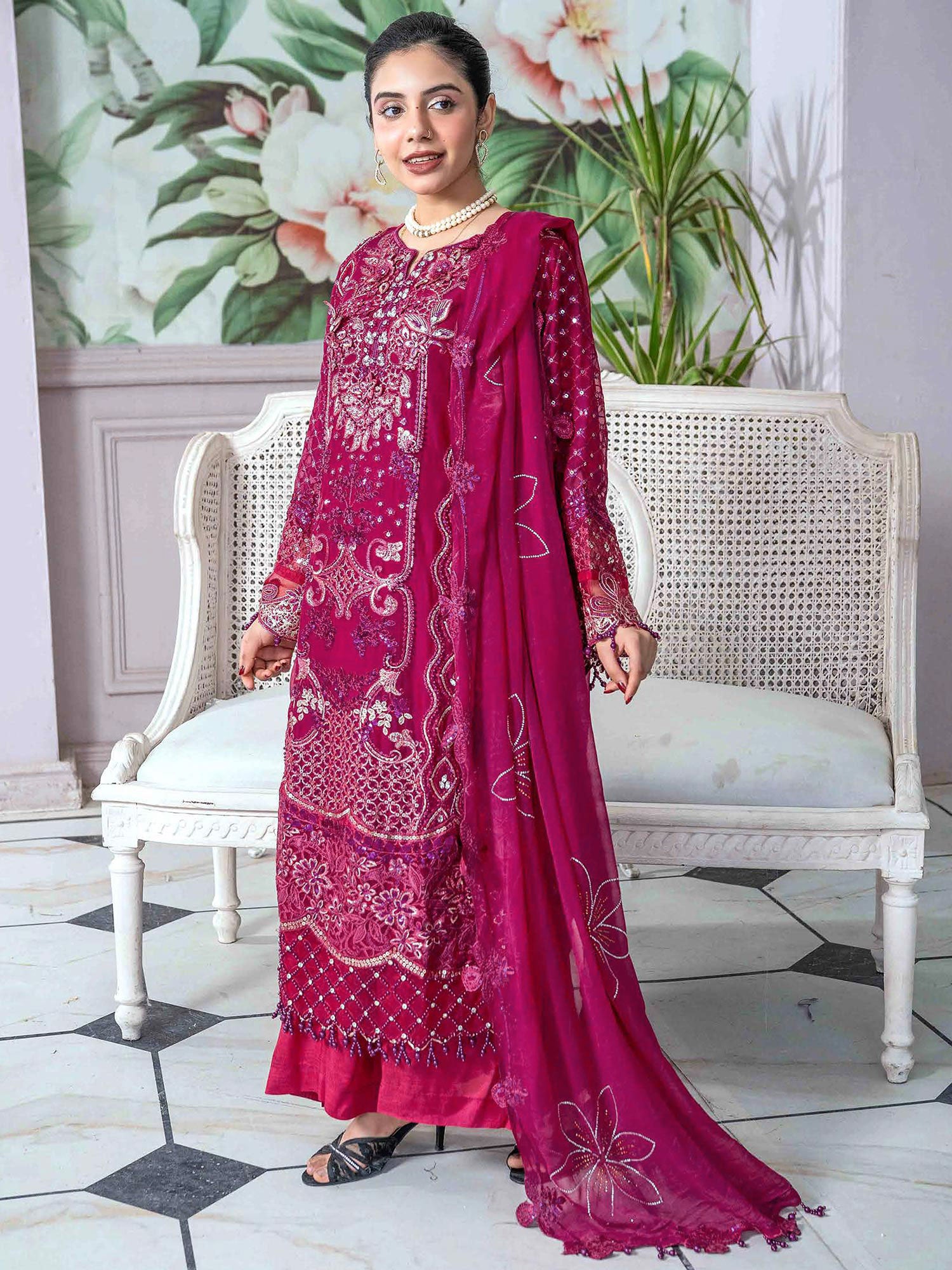 Rangz Embroidered Chiffon 3-Piece Suit - Magenta