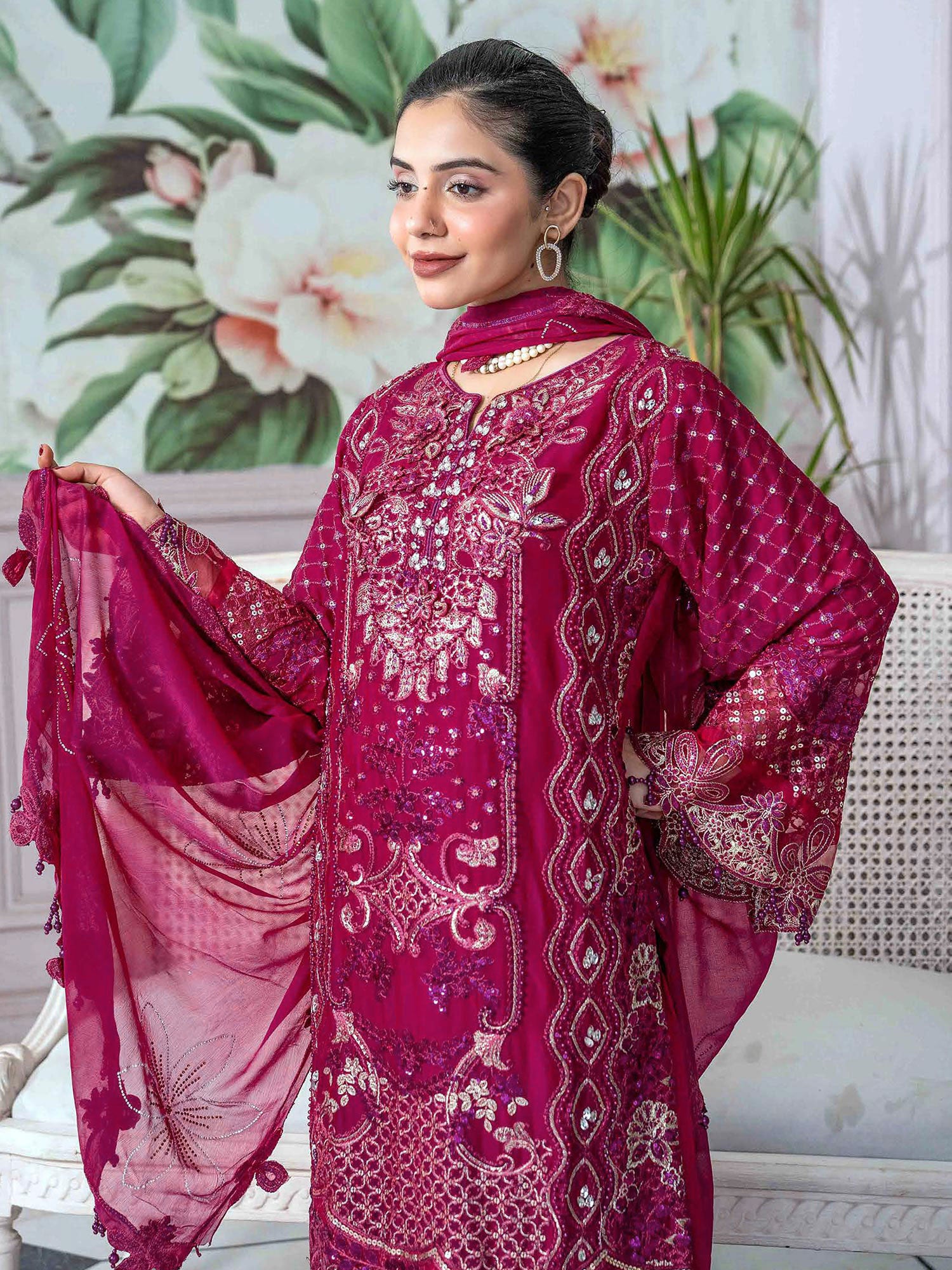 Rangz Embroidered Chiffon 3-Piece Suit - Magenta