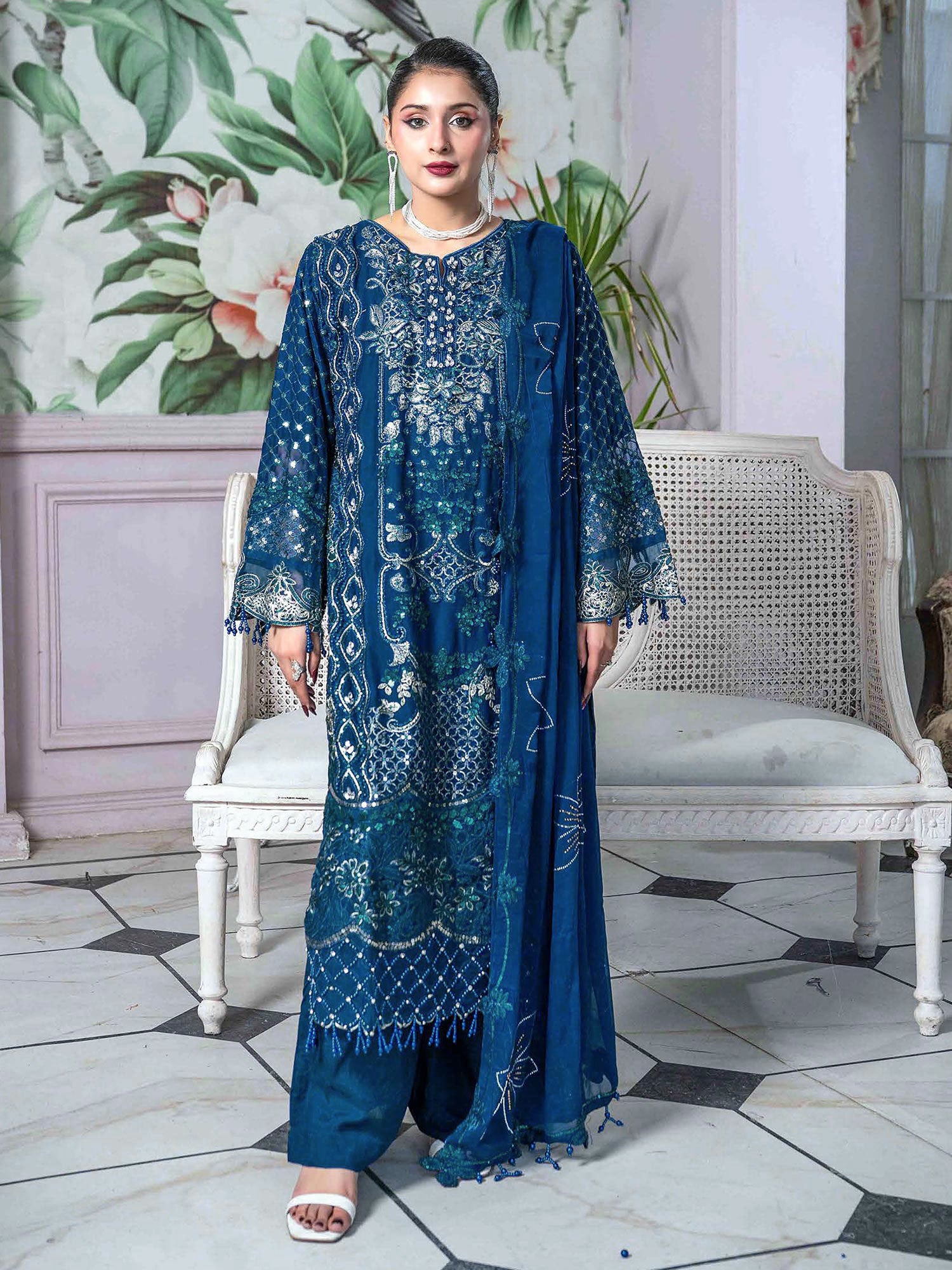 Rangz Embroidered Chiffon 3-Piece Suit - Navy