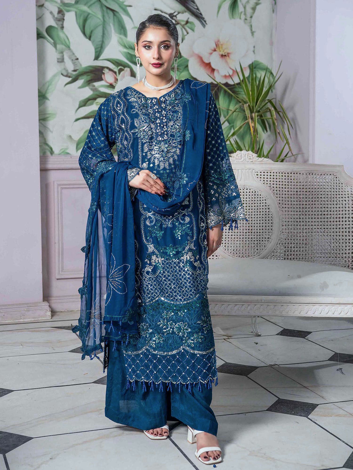 Rangz Embroidered Chiffon 3-Piece Suit - Navy