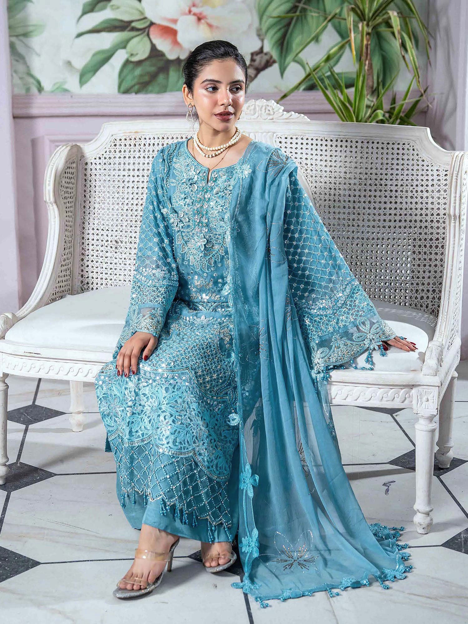 Rangz Embroidered Chiffon 3-Piece Suit - Aqua Blue