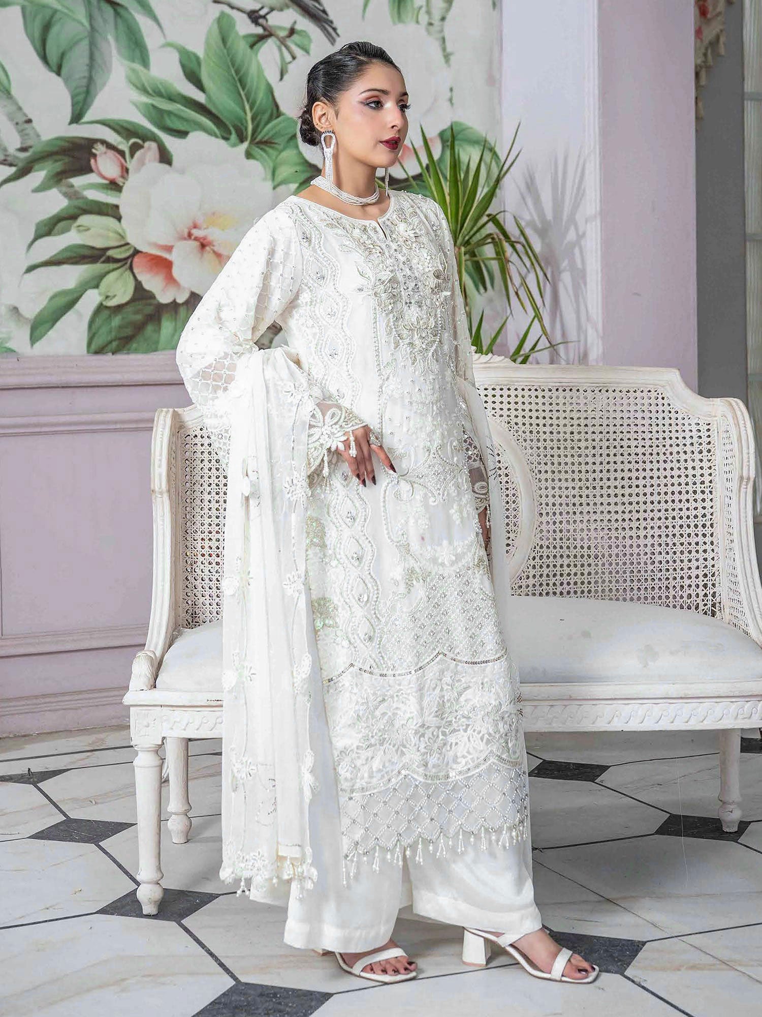 Rangz Embroidered Chiffon 3-Piece Suit - Off-White