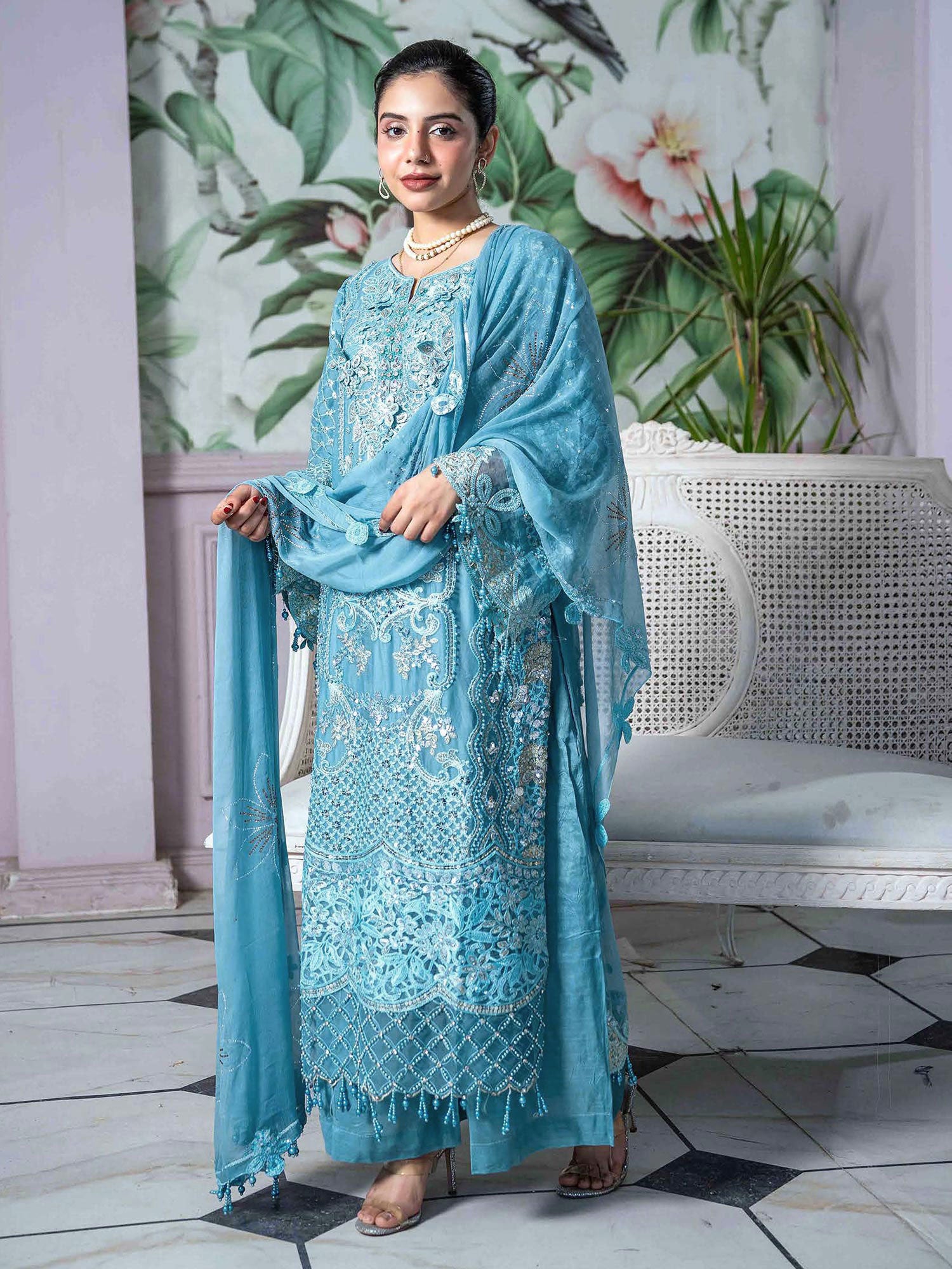 Rangz Embroidered Chiffon 3-Piece Suit - Aqua Blue