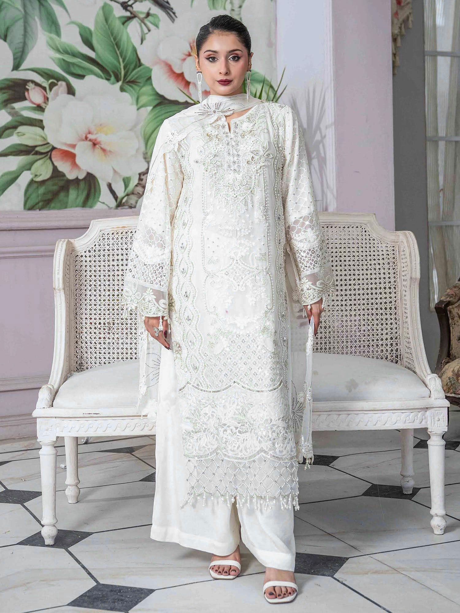 Rangz Embroidered Chiffon 3-Piece Suit - Off-White