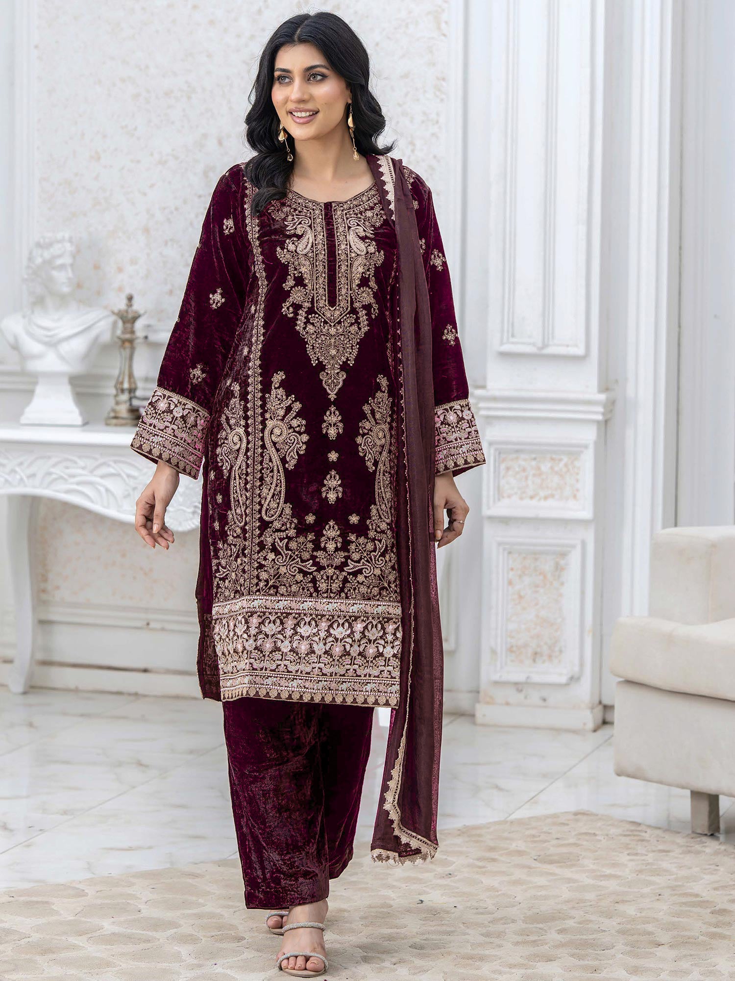 Rangz Lux Velvet Embroidered 3-Piece Suit - Maroon