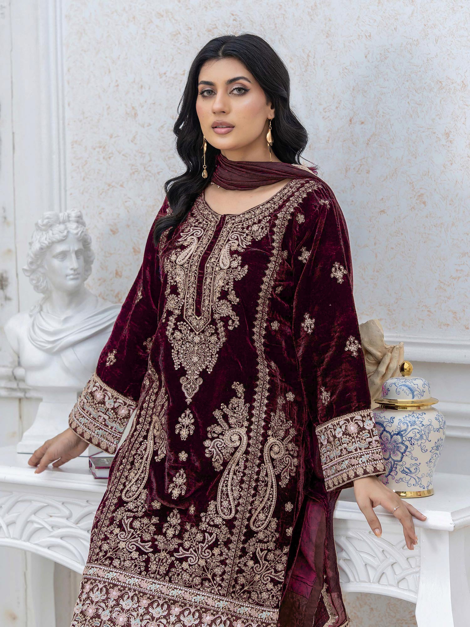 Rangz Lux Velvet Embroidered 3-Piece Suit - Maroon