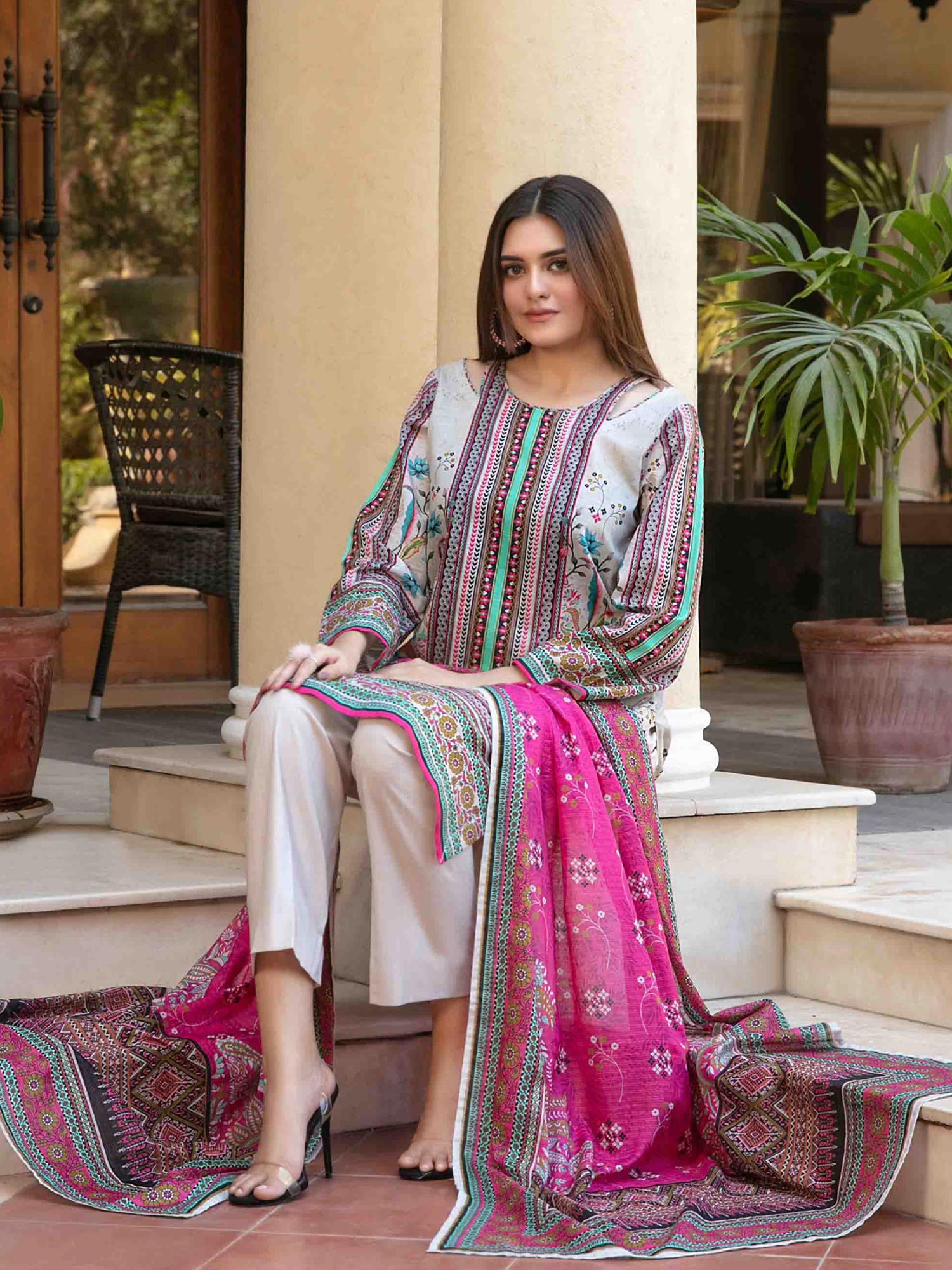Tawakkal "Masooma" 3-Piece Lawn Suit (D1497) - Off-White & Pink