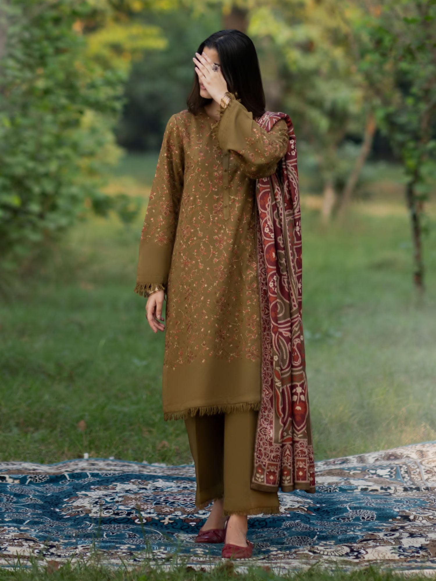 Casual Lite "Khunki" Premium Dhanak Suit with Pashmina Shawl - Mehndi