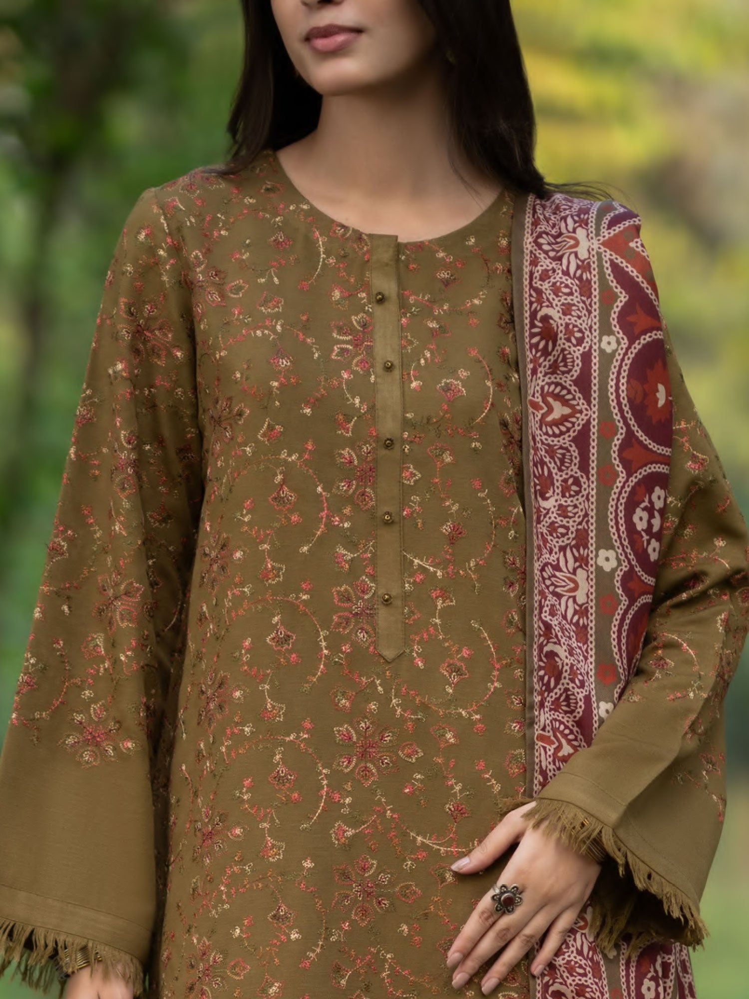 Casual Lite "Khunki" Premium Dhanak Suit with Pashmina Shawl - Mehndi