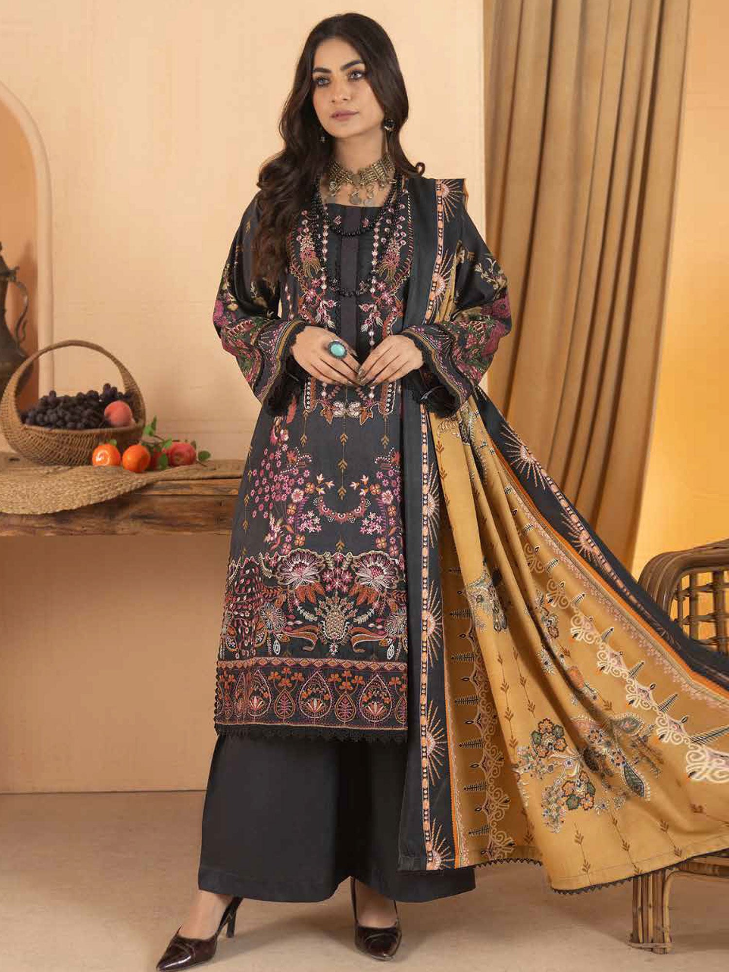 Munira Black Dhanak Suit with Pashmina Shawl (MSL-05)