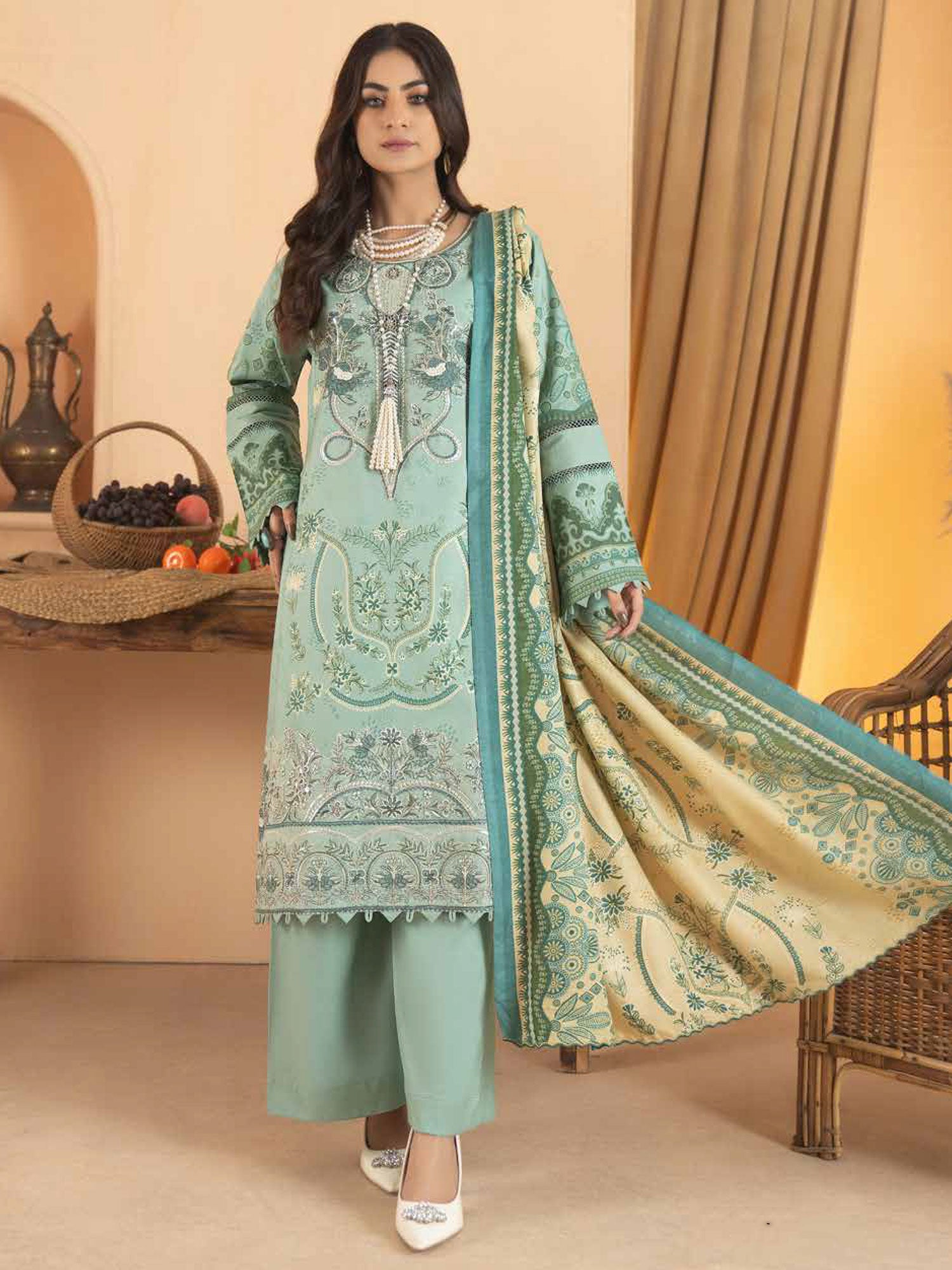 Munira Green Dhanak Suit with Pashmina Shawl (MSL-04)