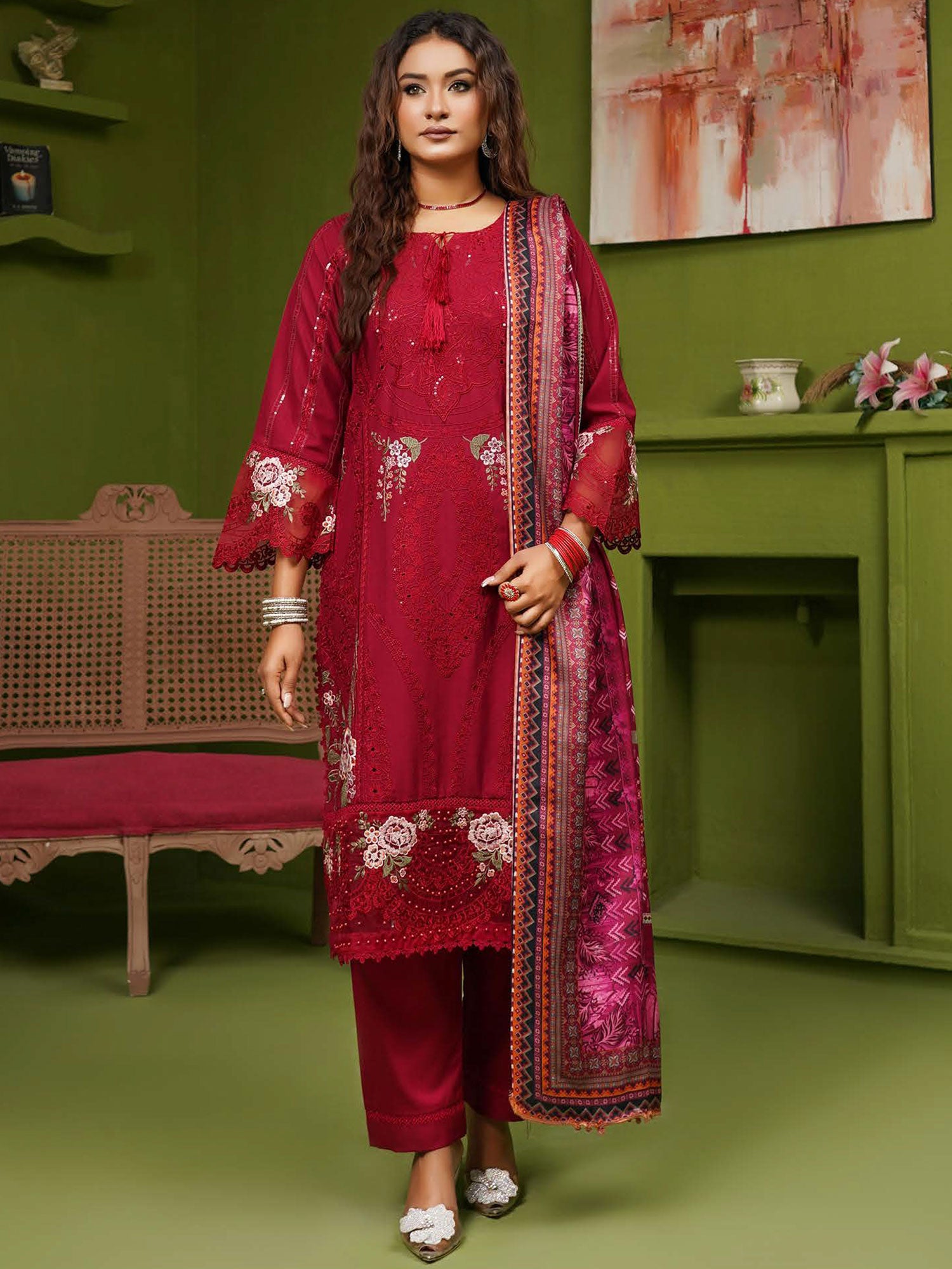 Munira Embroidered Winter Dhanak Suit (MSL-02) - Red