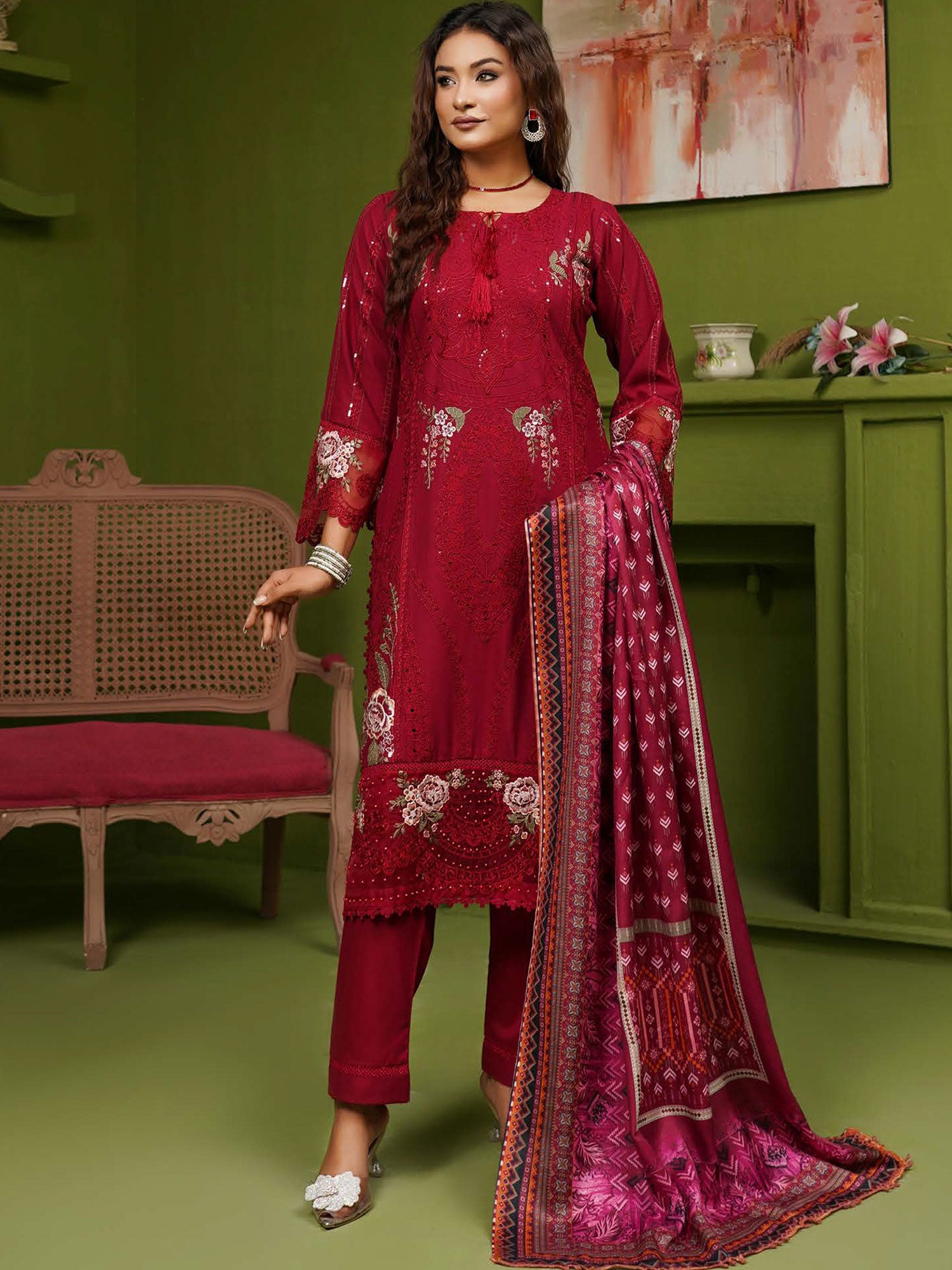 Munira Embroidered Winter Dhanak Suit (MSL-02) - Red