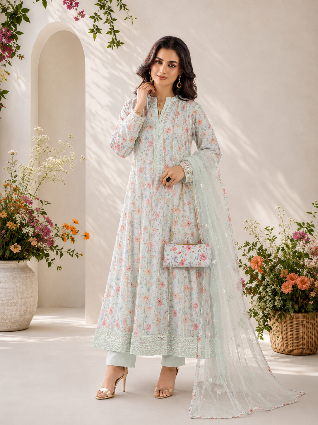 MOMINA "Bahaar Vol.2" Embroidered Net & Silk Suit with Clutch - Mint