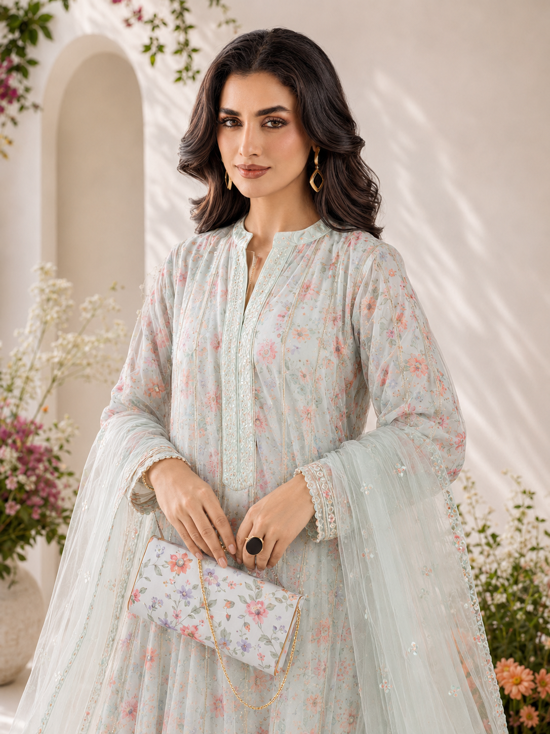 MOMINA "Bahaar Vol.2" Embroidered Net & Silk Suit with Clutch - Mint