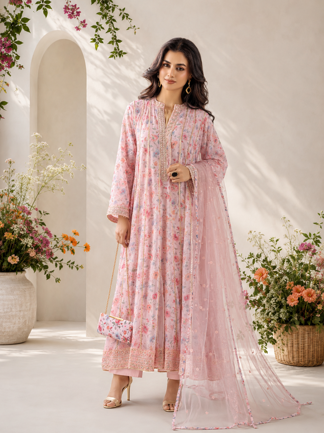 MOMINA "Bahaar Vol.2" Embroidered Net & Silk Suit with Clutch - Pink