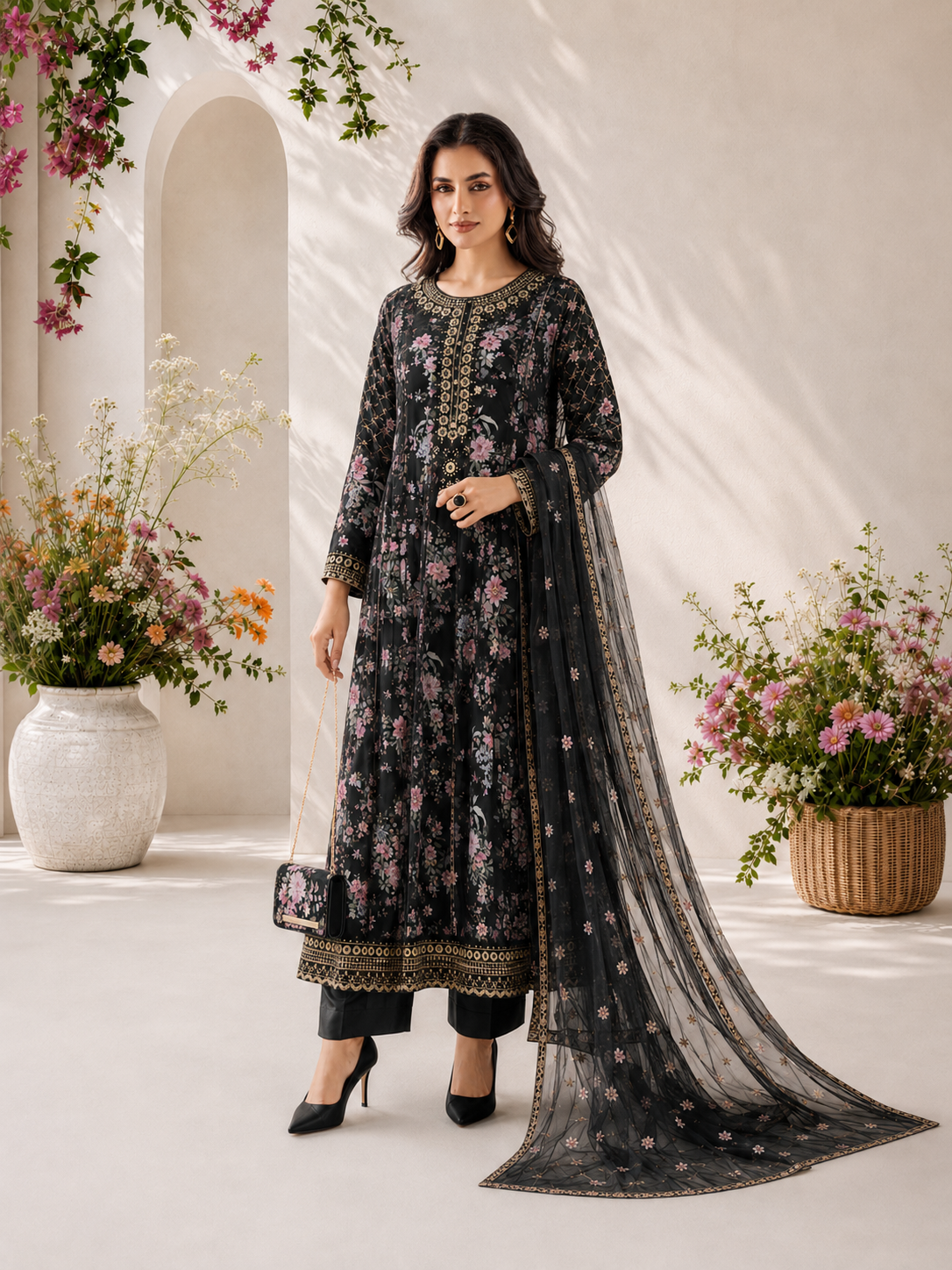 MOMINA "Bahaar Vol.1" Embroidered Net & Silk Suit with Clutch - Black