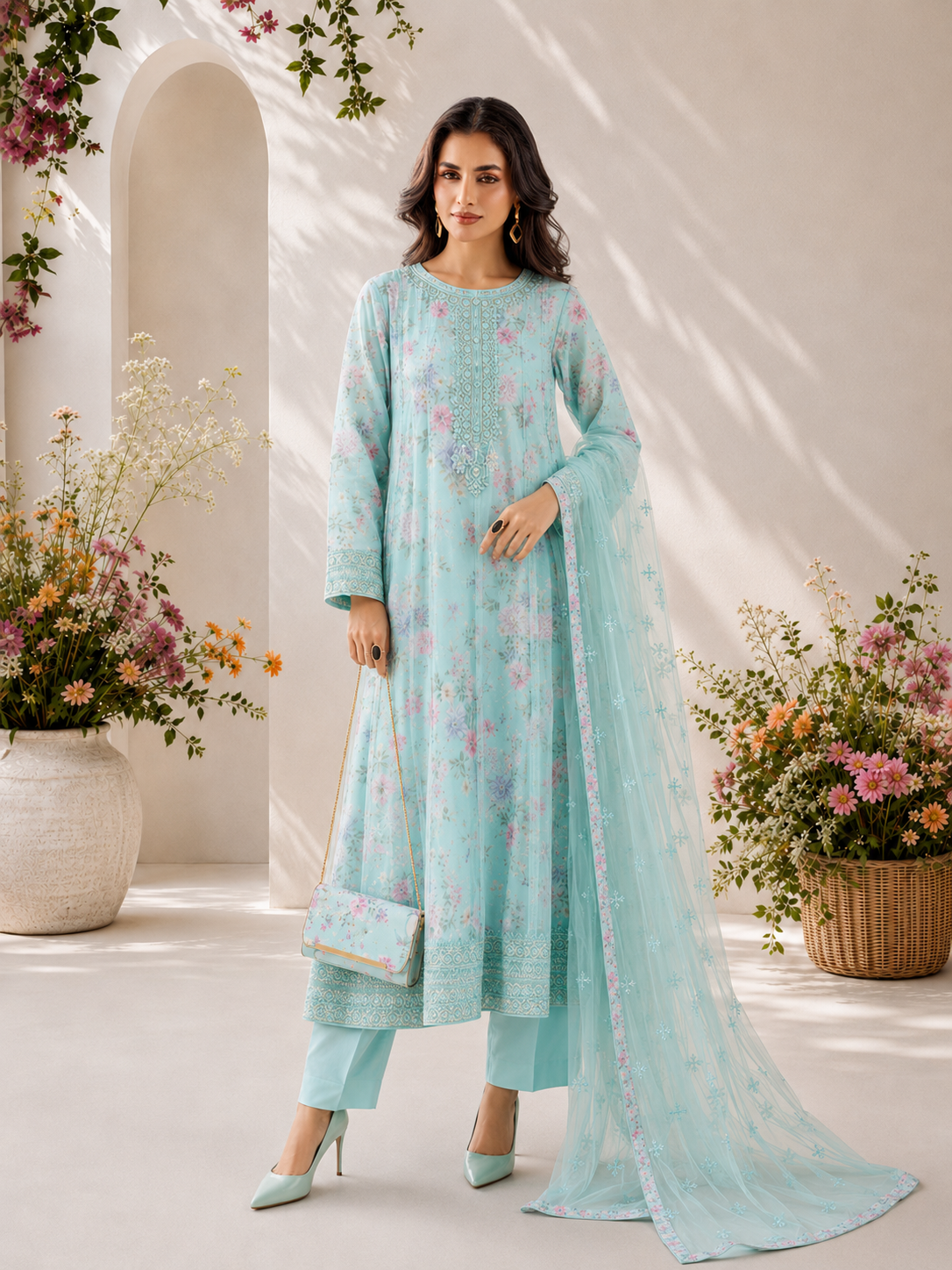 MOMINA "Bahaar Vol.1" Embroidered Net & Silk Suit with Clutch - Sky Blue
