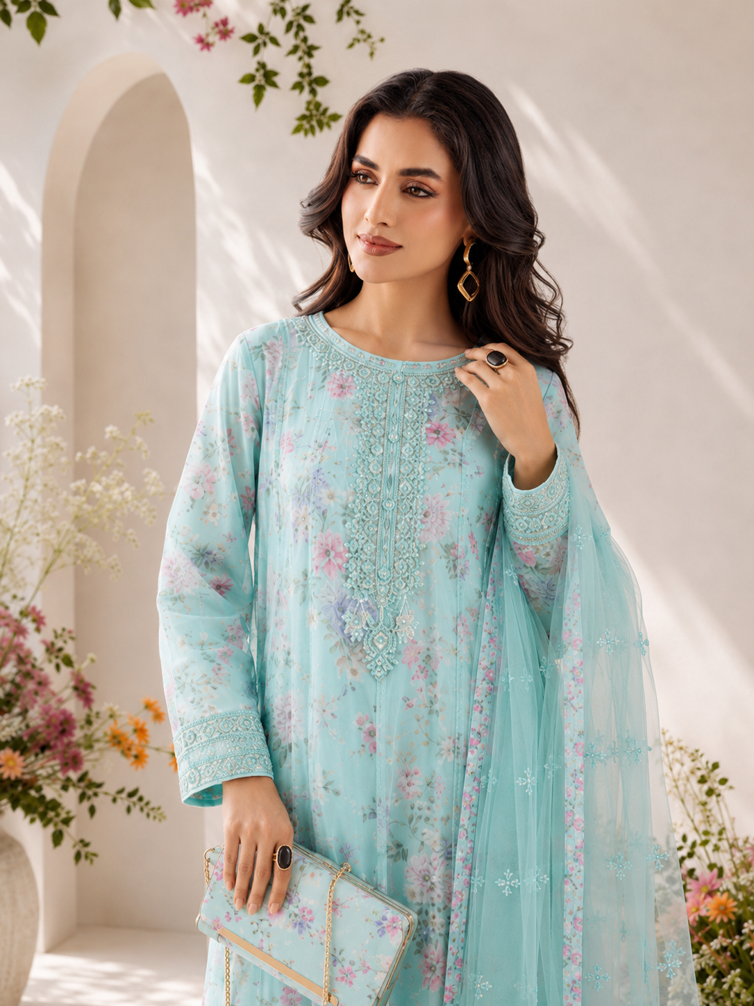 MOMINA "Bahaar Vol.1" Embroidered Net & Silk Suit with Clutch - Sky Blue