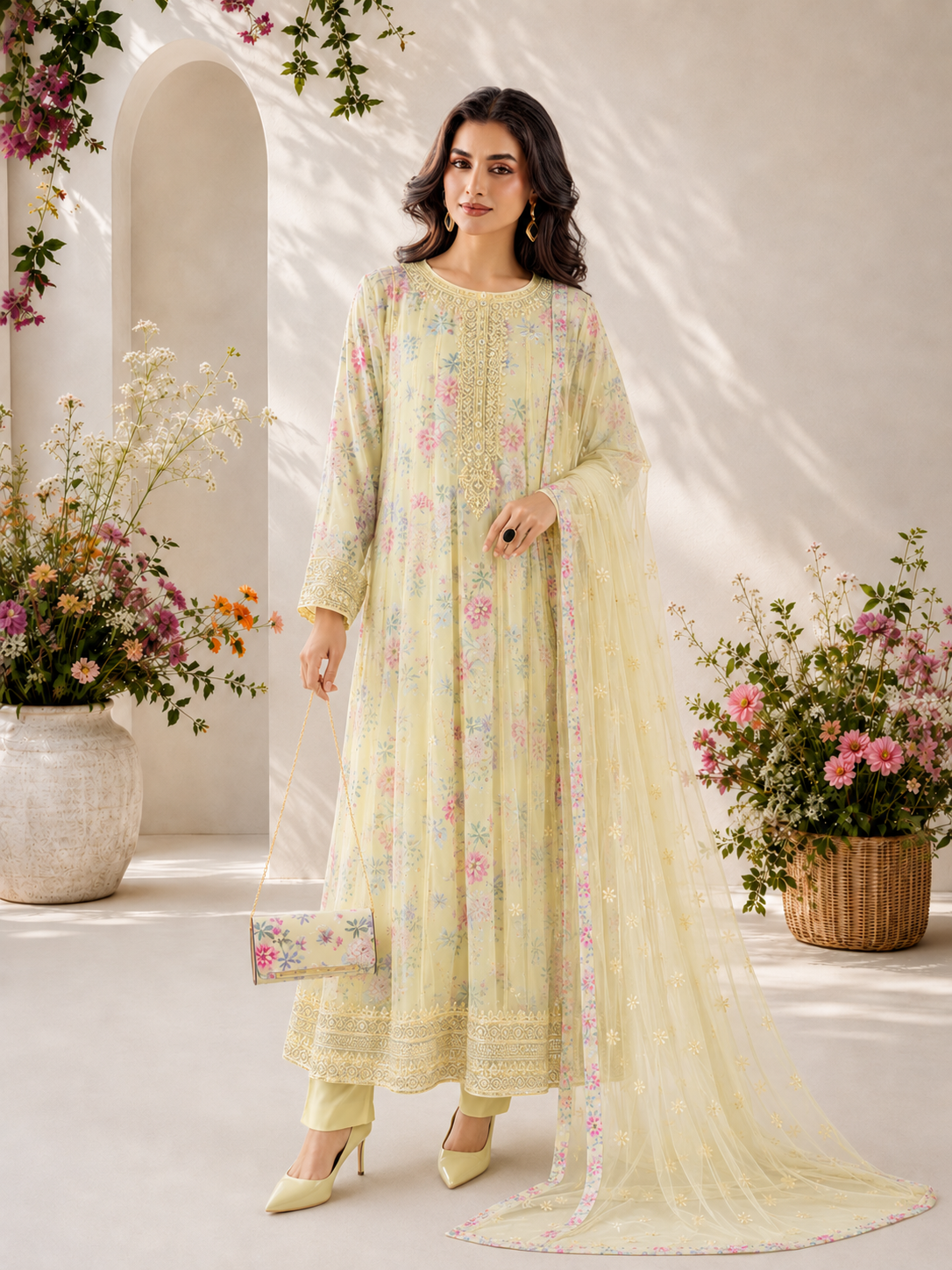 MOMINA "Bahaar Vol.1" Embroidered Net & Silk Suit with Clutch - Cream