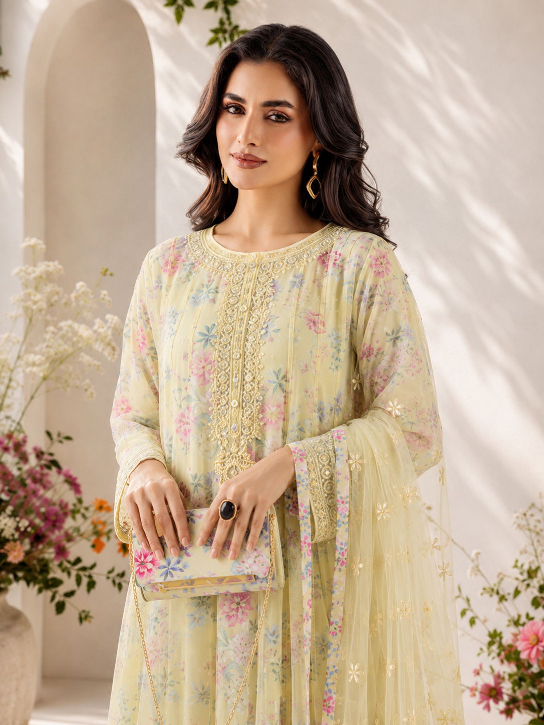 MOMINA "Bahaar Vol.1" Embroidered Net & Silk Suit with Clutch - Cream