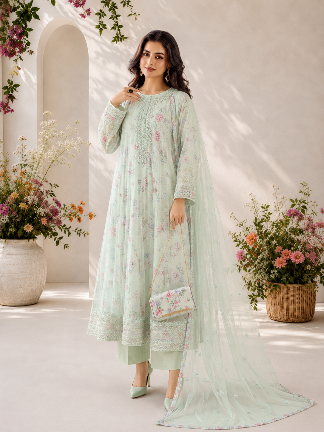 MOMINA "Bahaar Vol.1" Embroidered Net & Silk Suit with Clutch - Mint