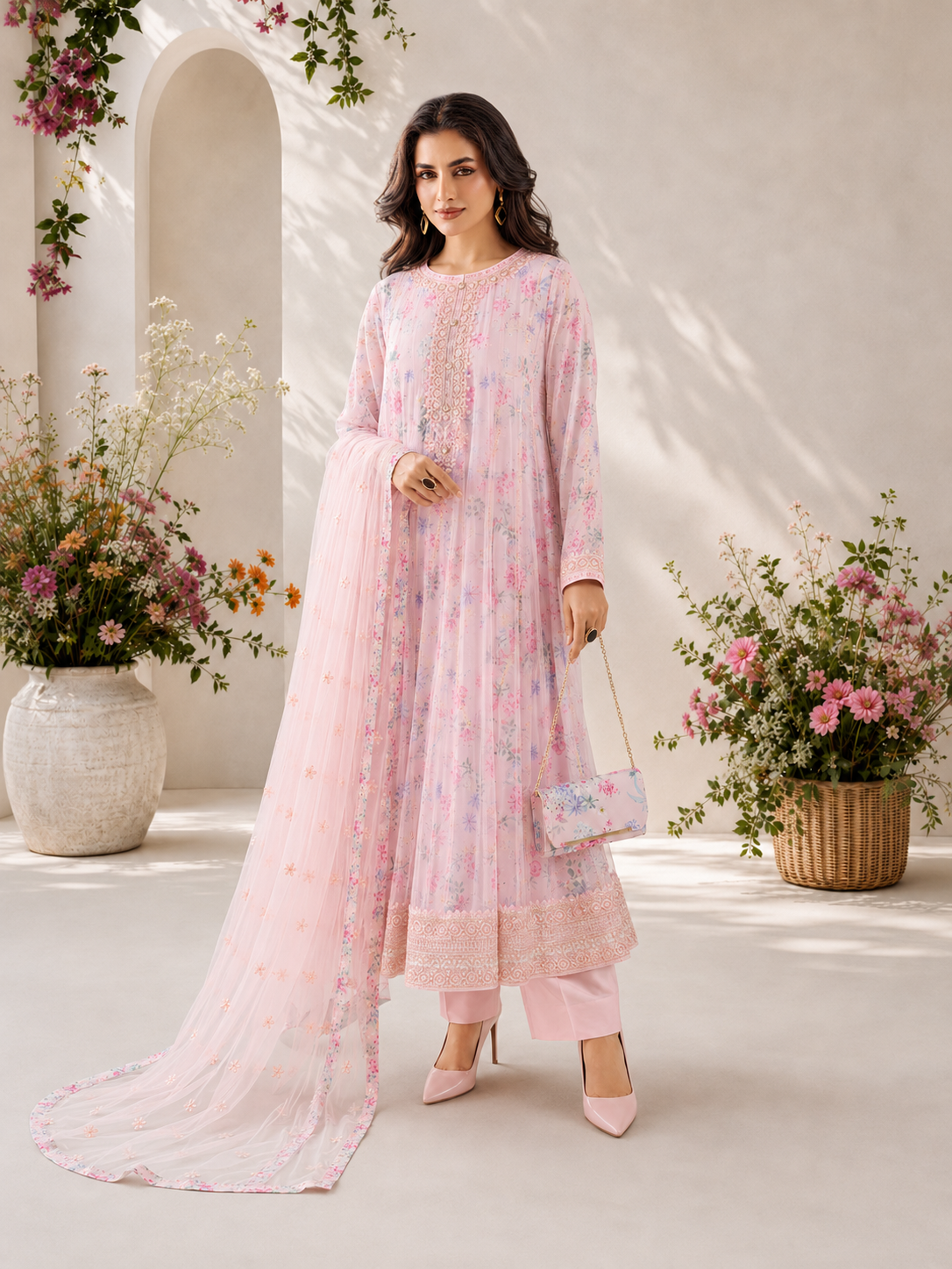 MOMINA "Bahaar Vol.1" Embroidered Net & Silk Suit with Clutch - Pink