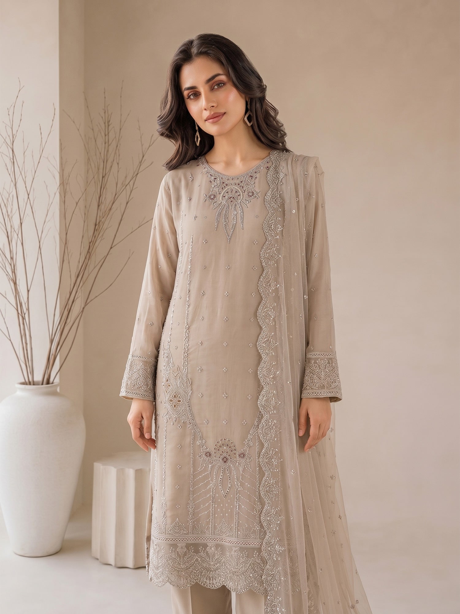 MOMINA "Nayaab" Embroidered Chiffon Suit - Light Beige