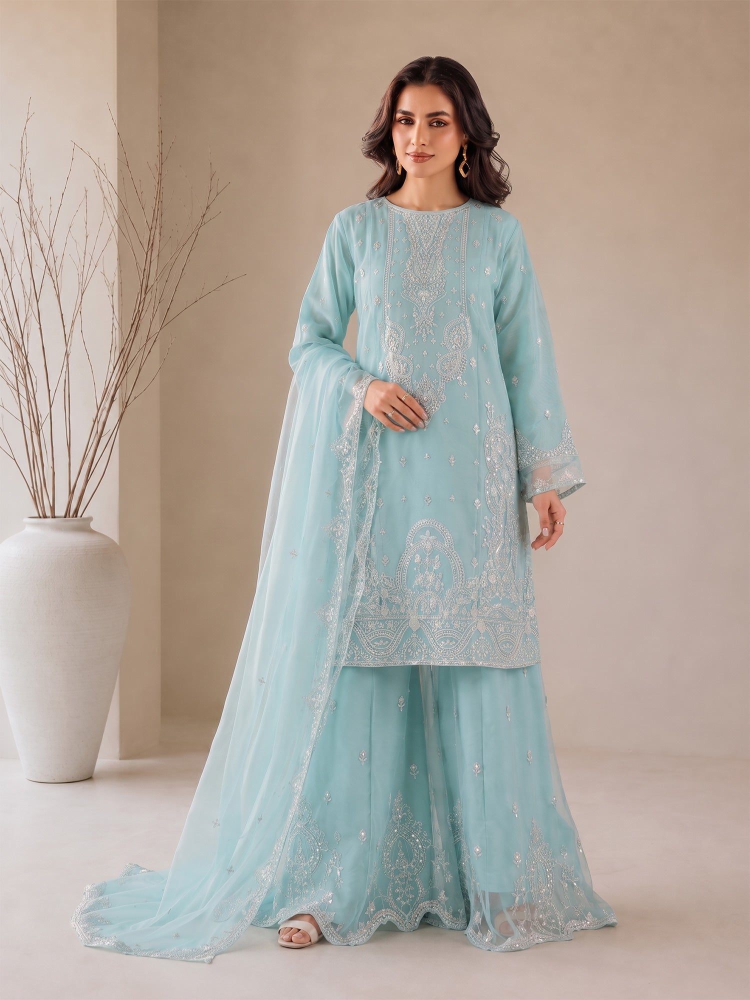 MOMINA "Nayaab" Embroidered Organza Suit with Sharara - Sky Blue